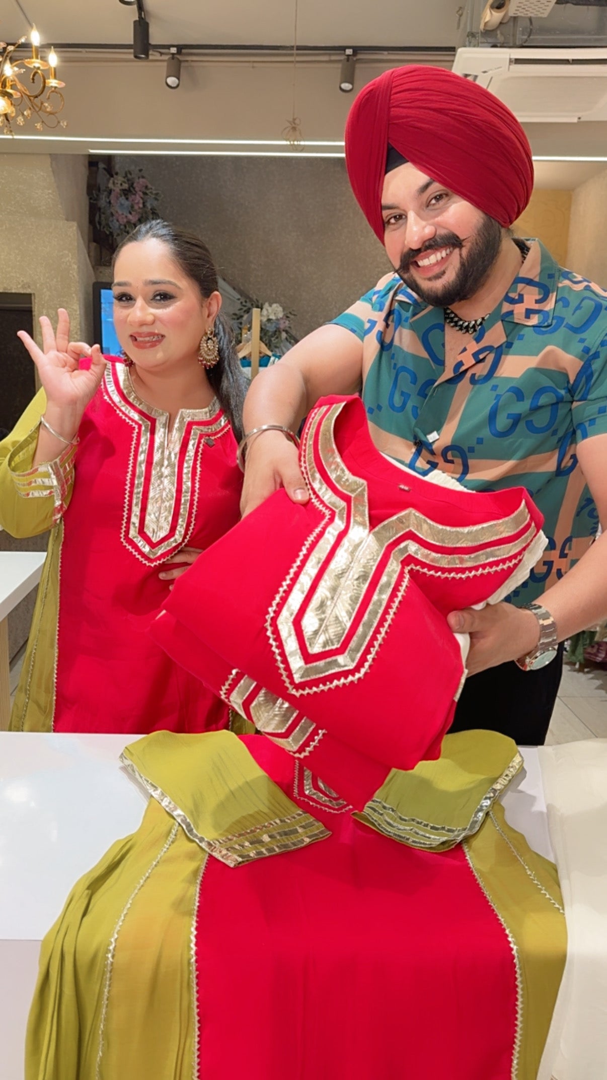 Vibrant Gajri & light Mehendi Soft Silk Celebrity Inspired Palum Gotta Patti Farshi Coord set