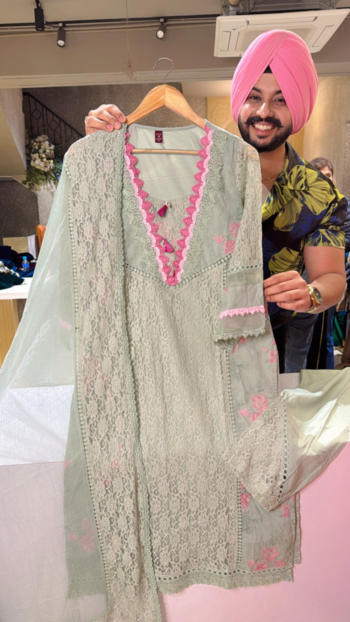 Light Olive Green Pure Cotton Heavy embroidered & Crochet work Pakistani suit with Kota Doria Duppata