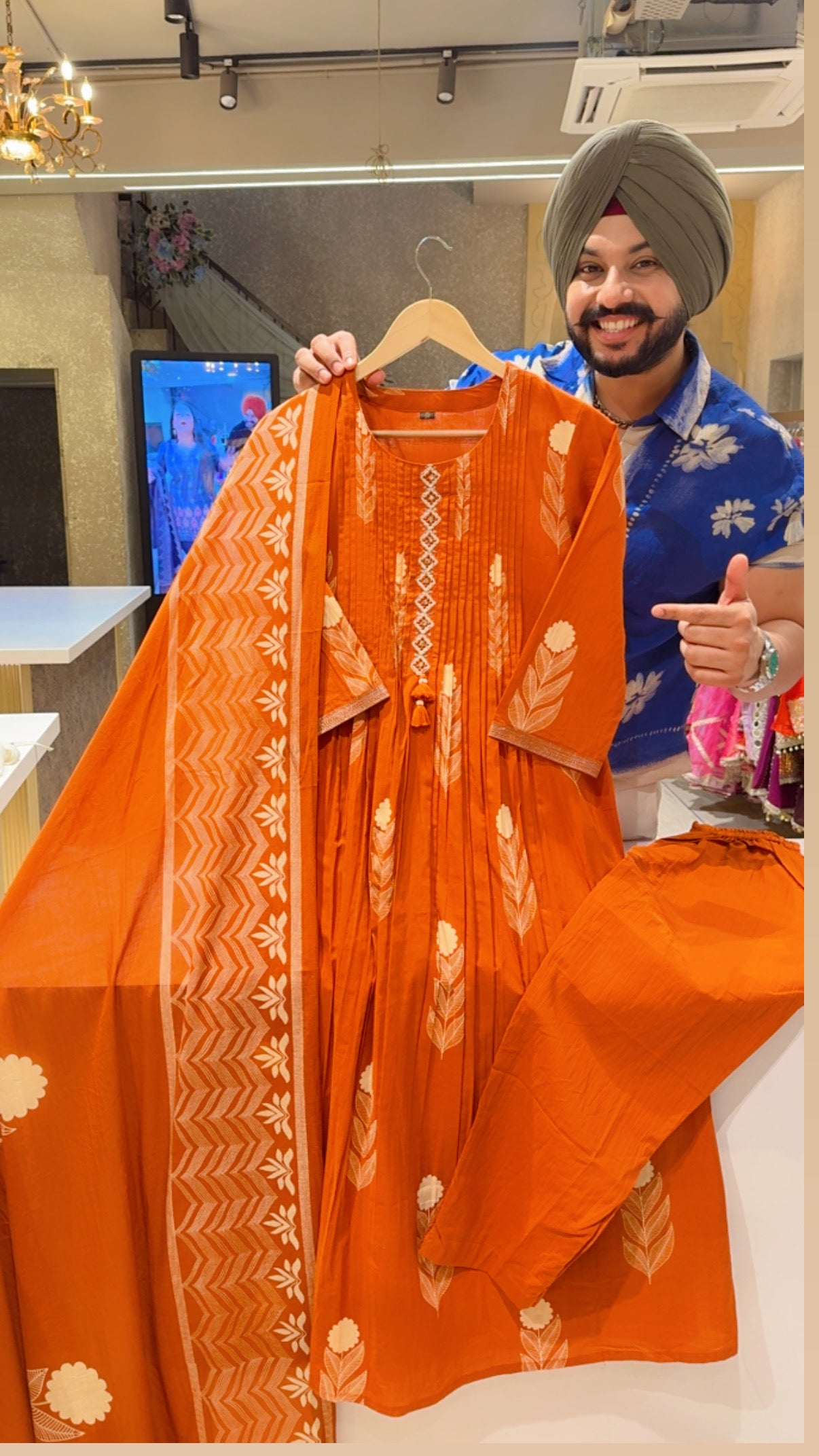 Rusty Oraange Pure Cotton A-line Side Slit Suit with Sleek Embroidery Work on neck