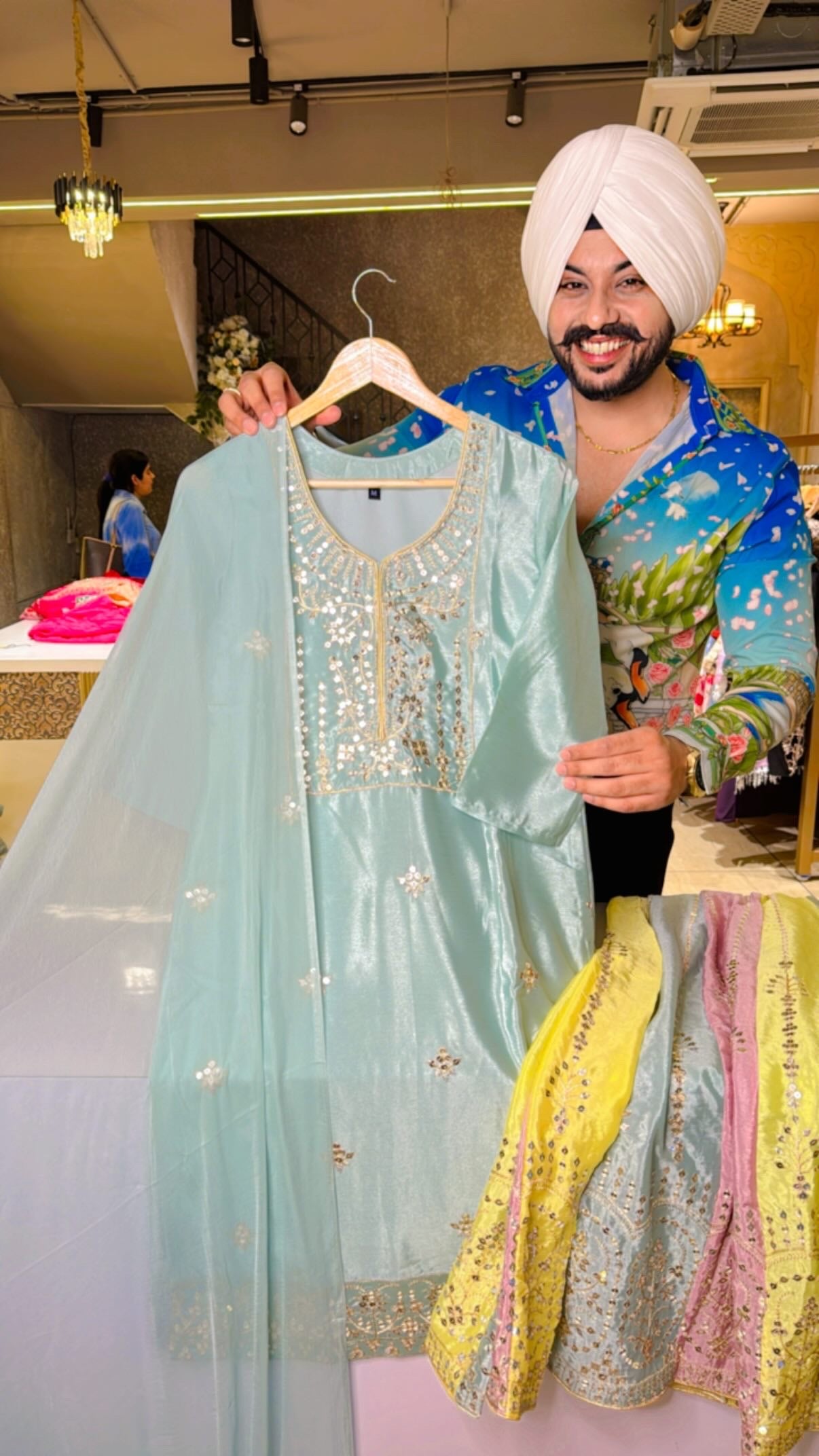 Sea Blue Chinon Heavy embroidered Multicolored Sharara Suit with Sleek Dupppata