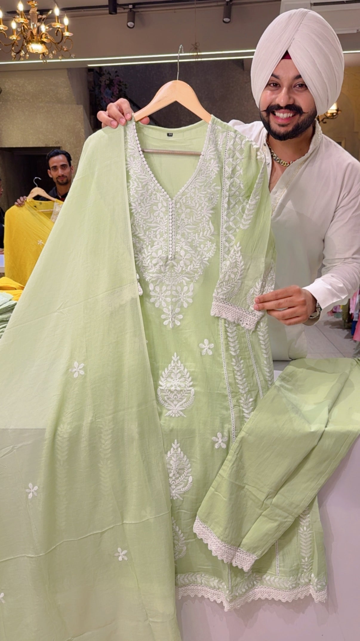 Pastel Green Mal Cotton Embroidered Semi Formal A-line Suit with Mal cotton Duppata