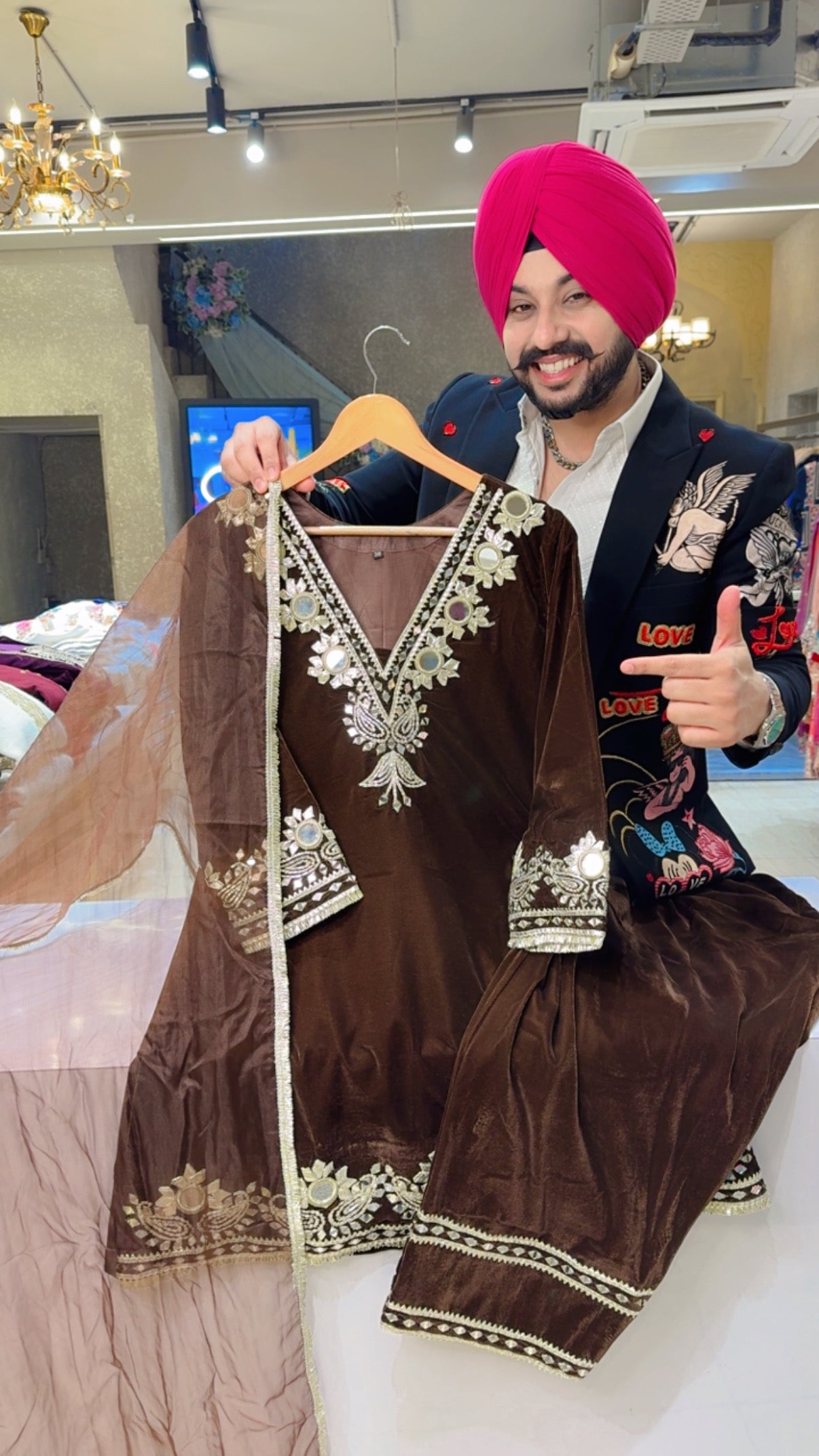 Dark Brown Premium Velvet Heavy Gotta & mirror Work Designer Farshi Salwar Set with Beautiful Oraganza Duppata