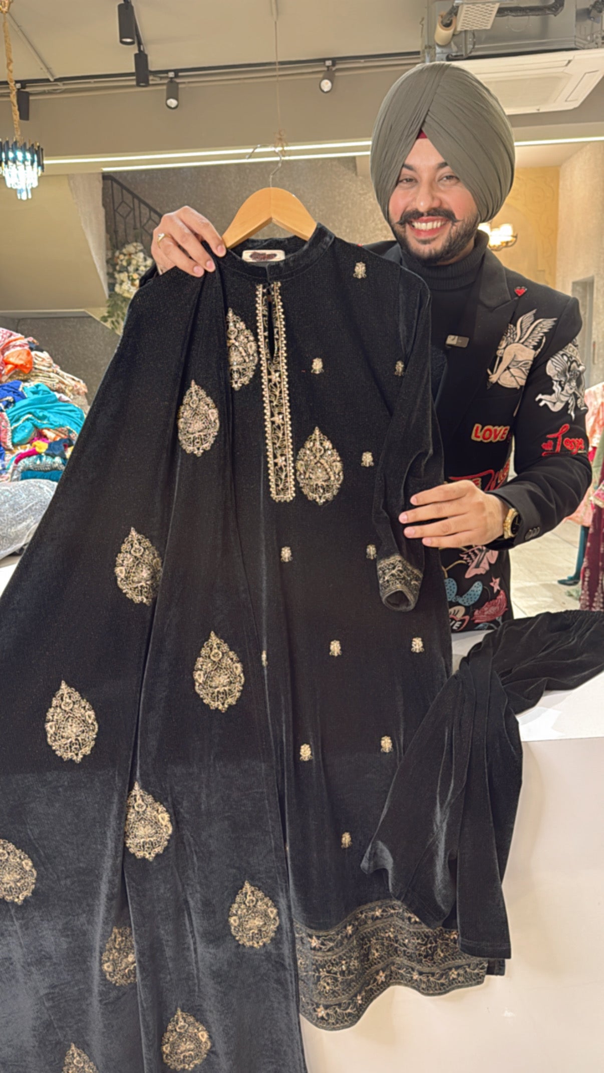 Black Premium Shimmer Velvet Fully Strechable Straight suit with Heavy embroidered Duppata