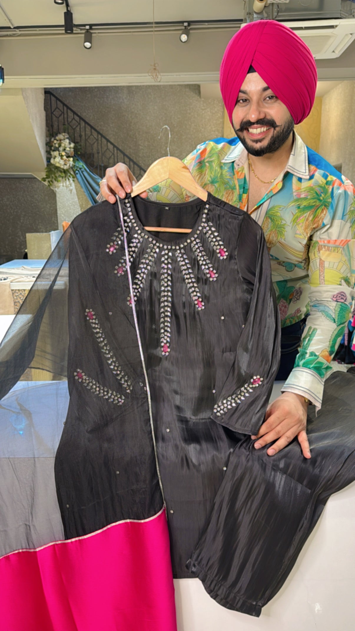 Black Shimmer Silk tissue Stone work Indo western Suit with Beautiful Oraganza Duppata