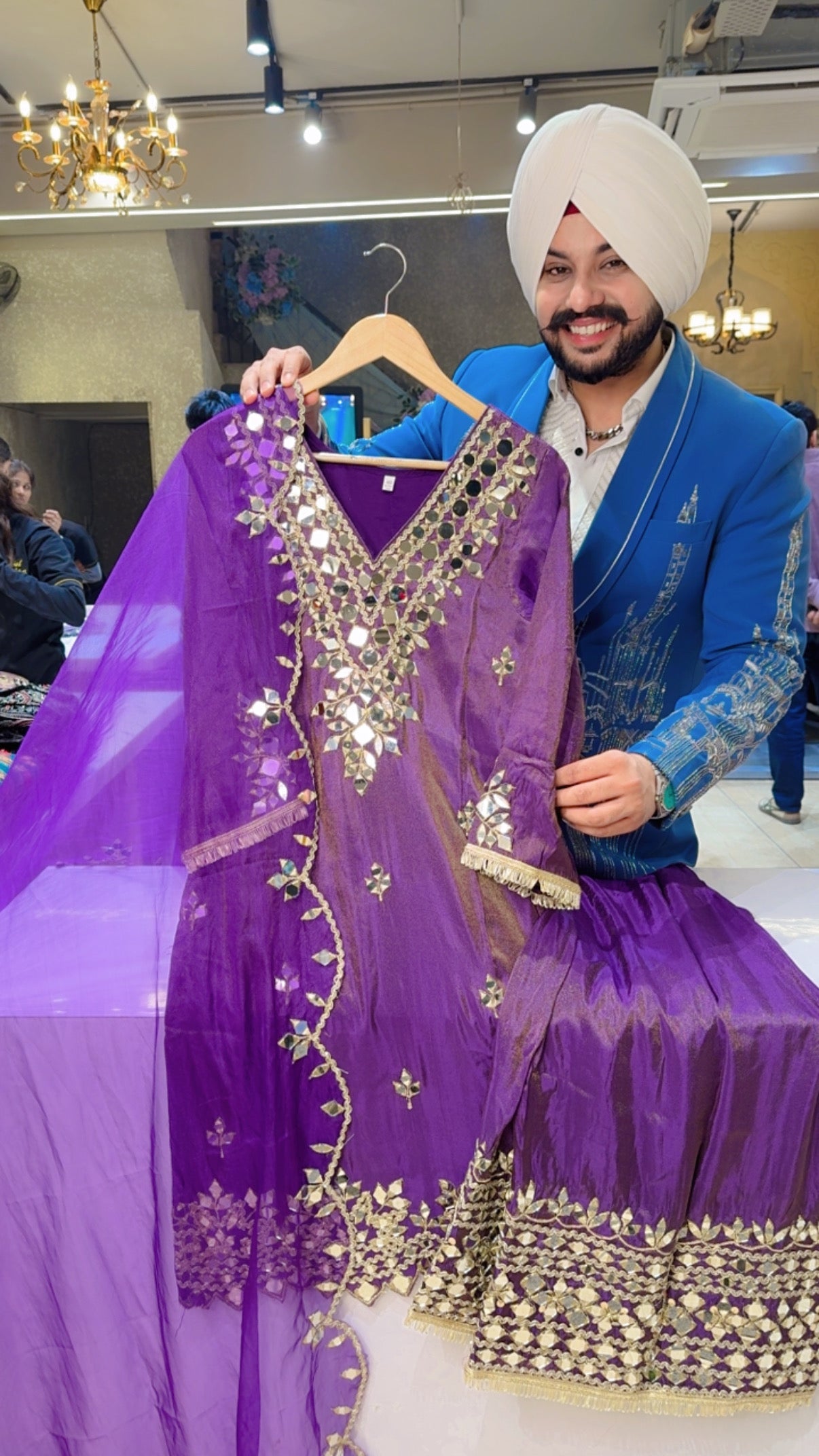 Purple Shimmer Silk Heavy Mirror Work Partywear Straight suit with Heavy Mirror work on Plazo & Duppata