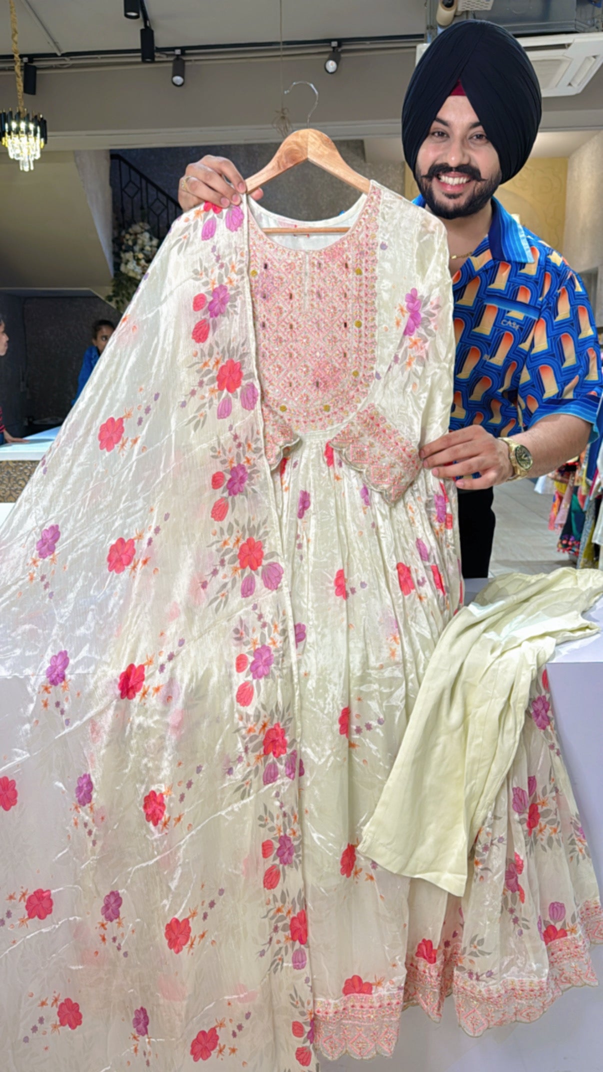 Cream Chinon Heavy Embroidered Floral Print Full Flair Anarkali Suit With Beautiful Duppata