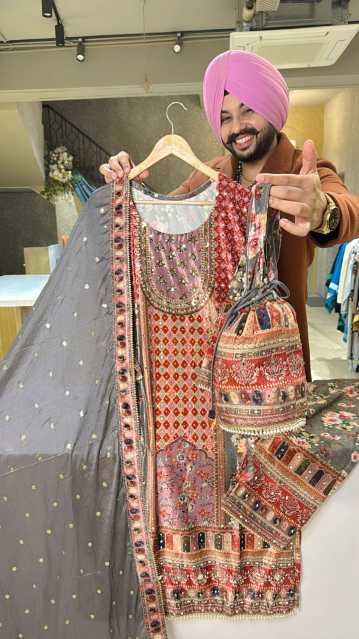 Grey & Multicolored Heavy Velvet Suit with Chinon Sequins work Duppata