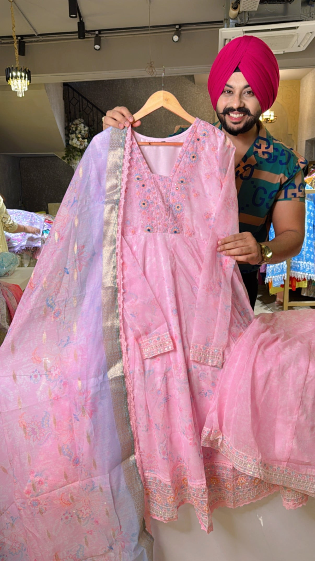 Pastel pink Shimmer Organza Sharara Anarkali suit with Beautiful Embroidery work on neck