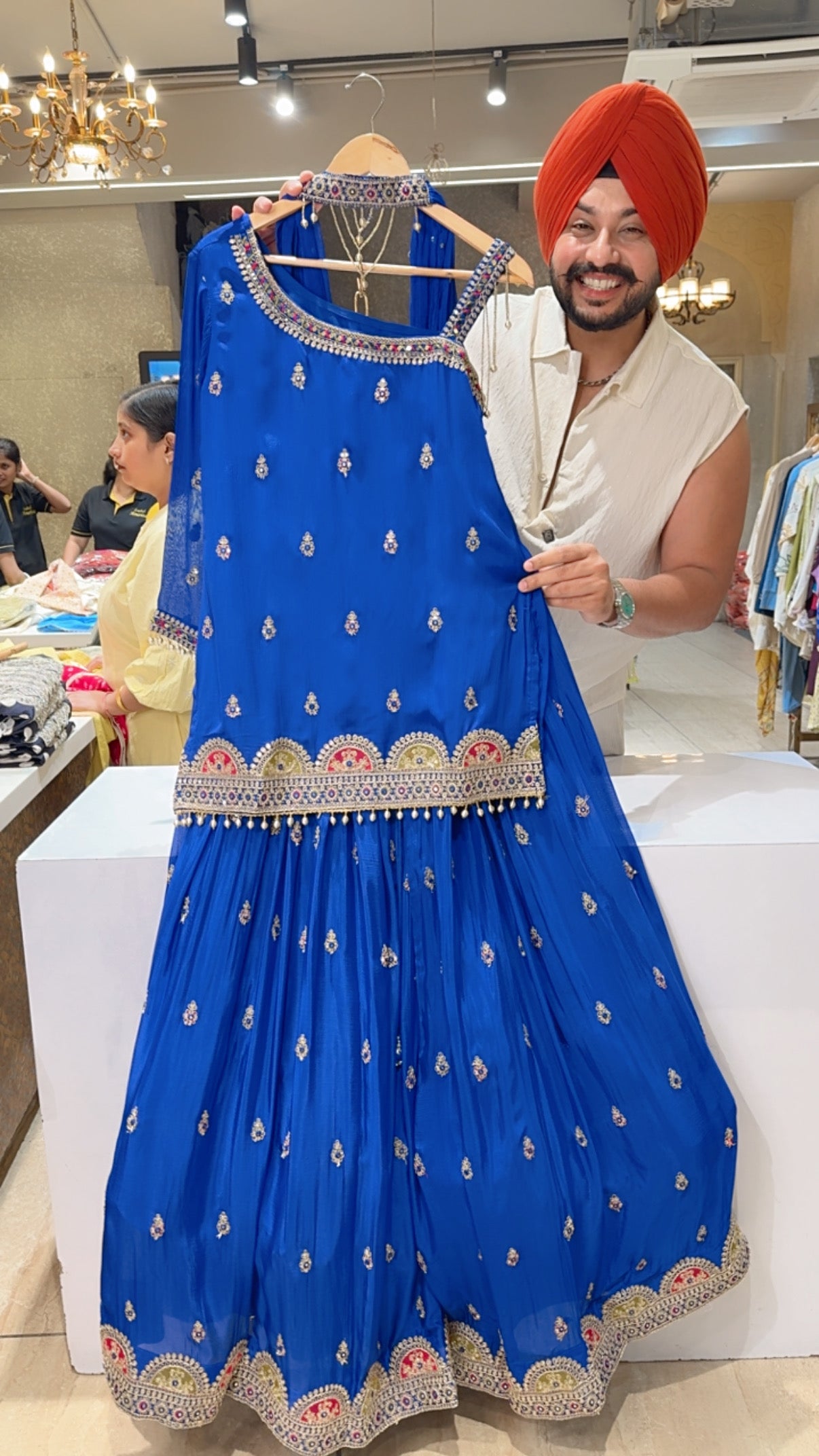 Royal Blue Chinon Off Shoulder Designer CanCan Skirt Set with Chokar Dupppata