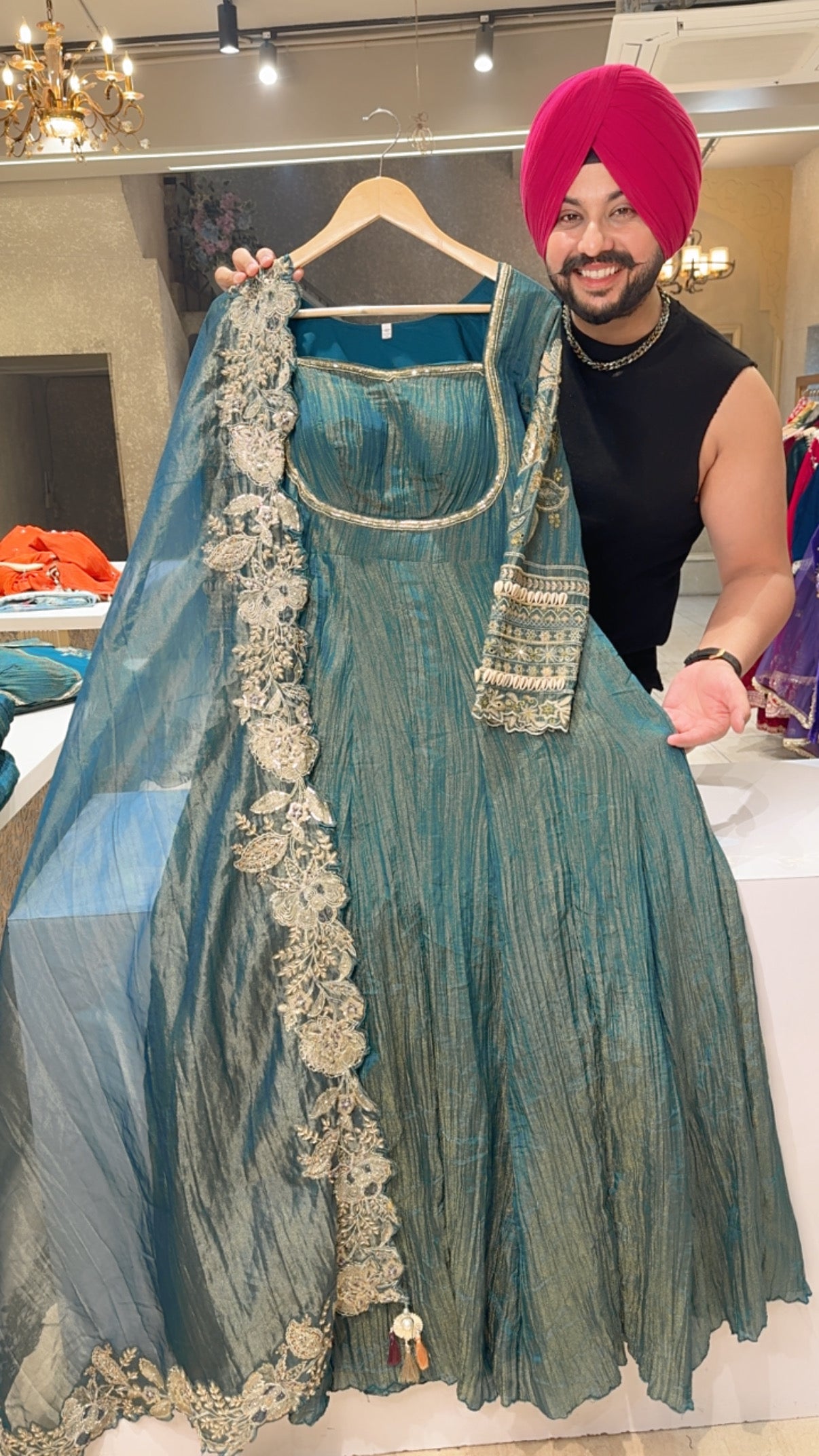 Rama Green Crush Shimmer Tissue Full Flair Padded Anarkali Gown With Heavy Hand Embroidery Work On Sleeves & Duppata