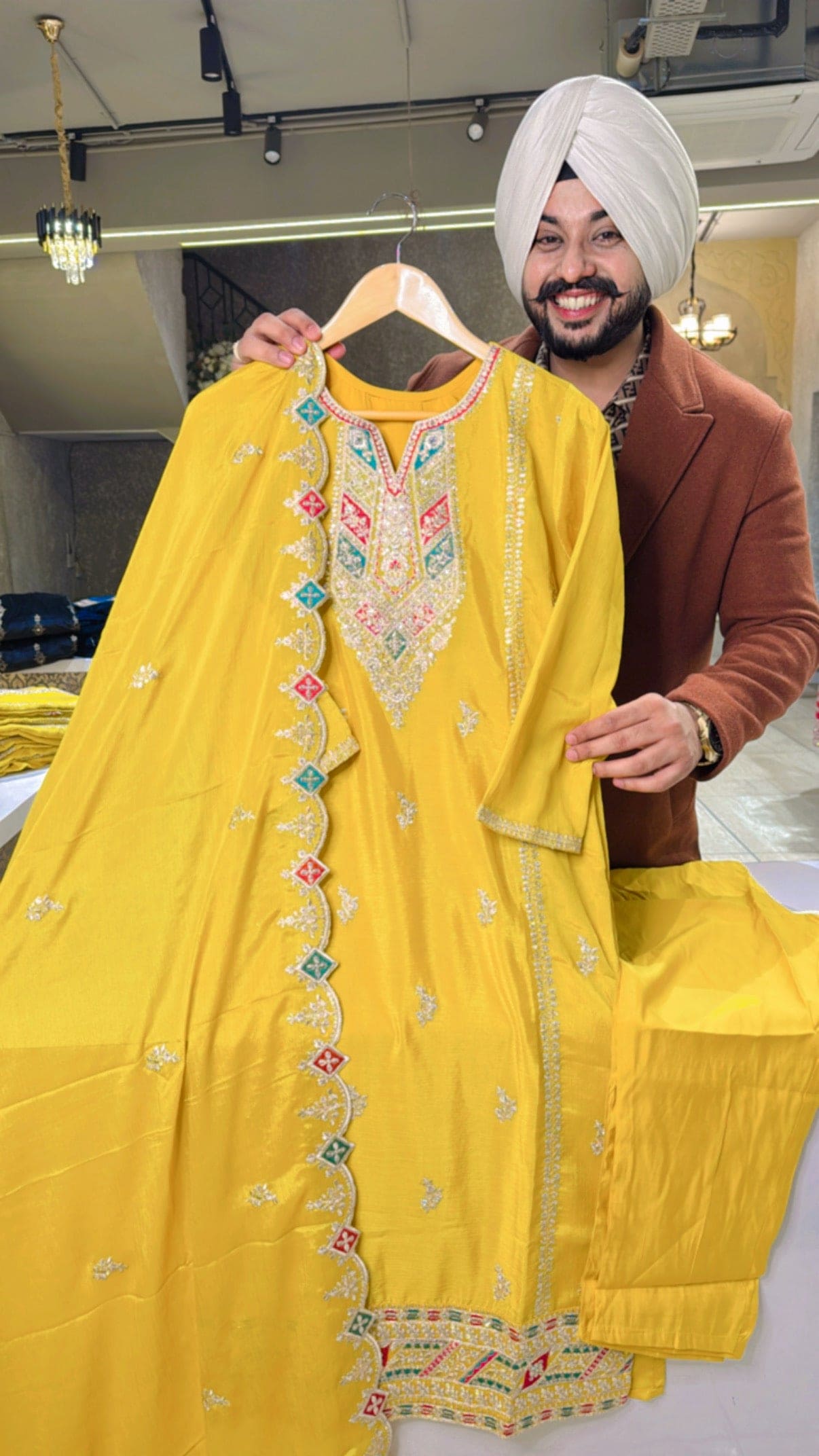 Yellow Chinon embroidered Straight suit with Beautiful Duppata