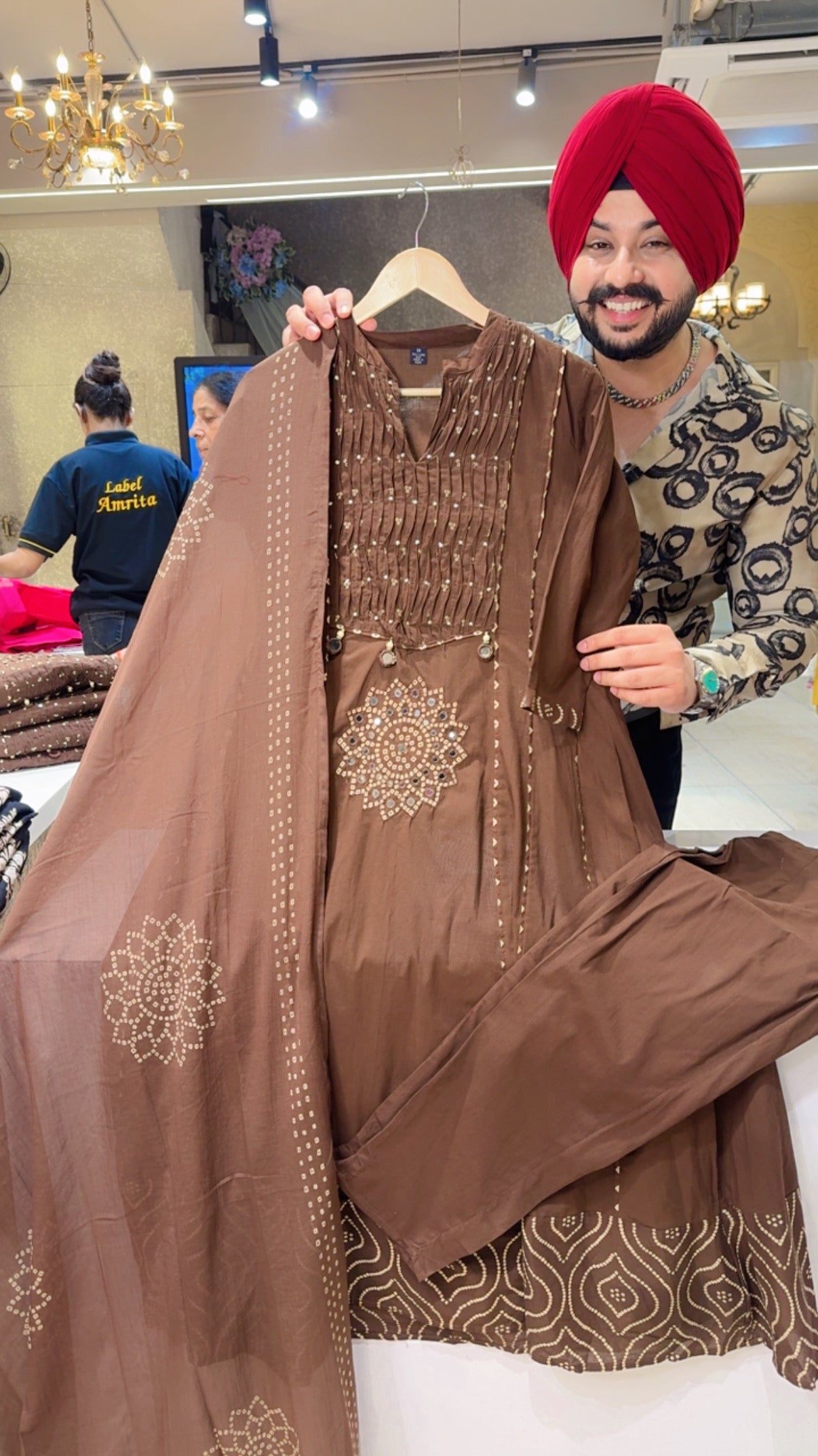 Chocolate Brown Pure Cotton Bandhej print Mirror Work Semi formal Anarkali suit