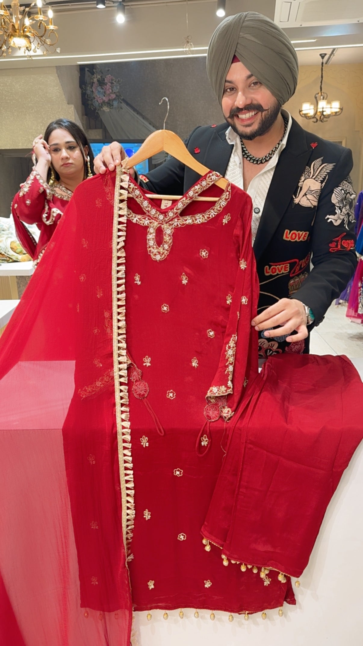 Deep Red Chinon Heavy Handwork Designer Neck & Ring Straight suit with Beautiful Duppata