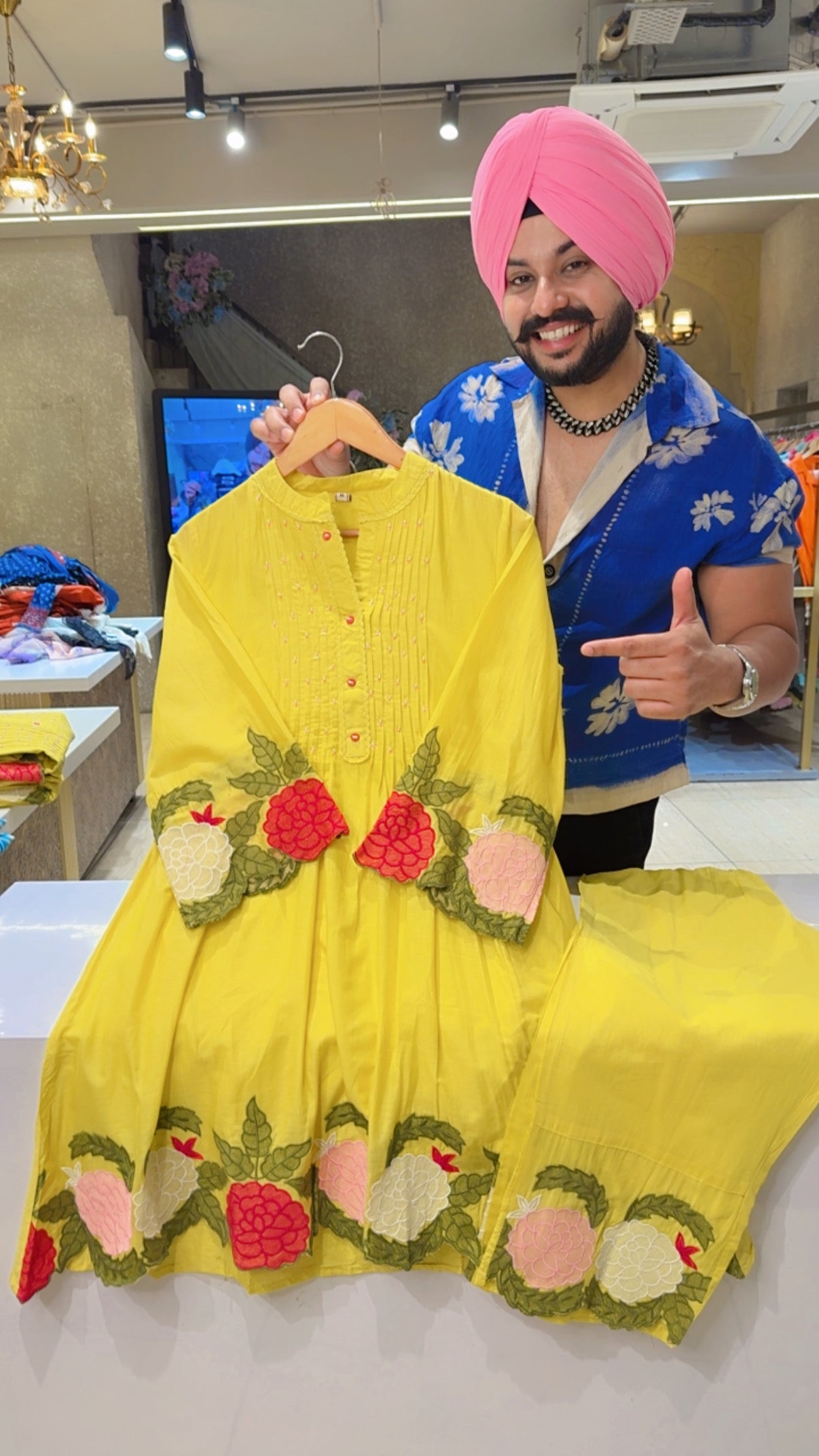 Yellow Mal Cotton Flower Embroidered Semiformal Coord Set with Embroidered Pants