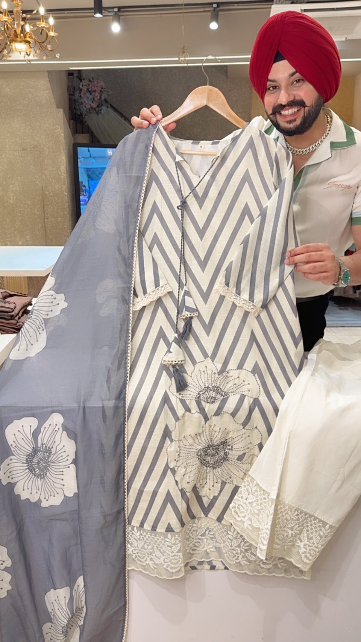 Cream & grey Geometrical Print Embroidered Straight Suit With Beautiful Floral Print Duppata