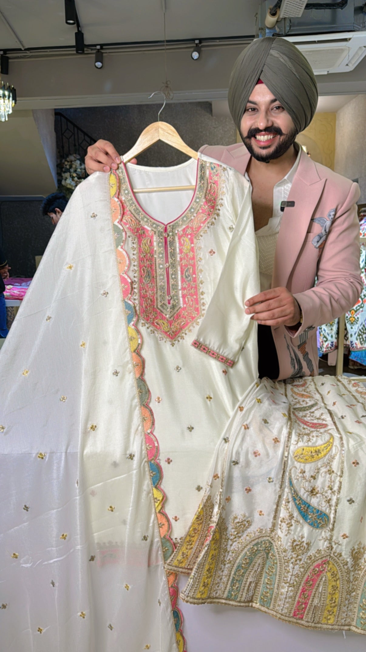 Off White Chinon Heavy Embroidered Full Flair Sharara Suit with Embroidered Duppata