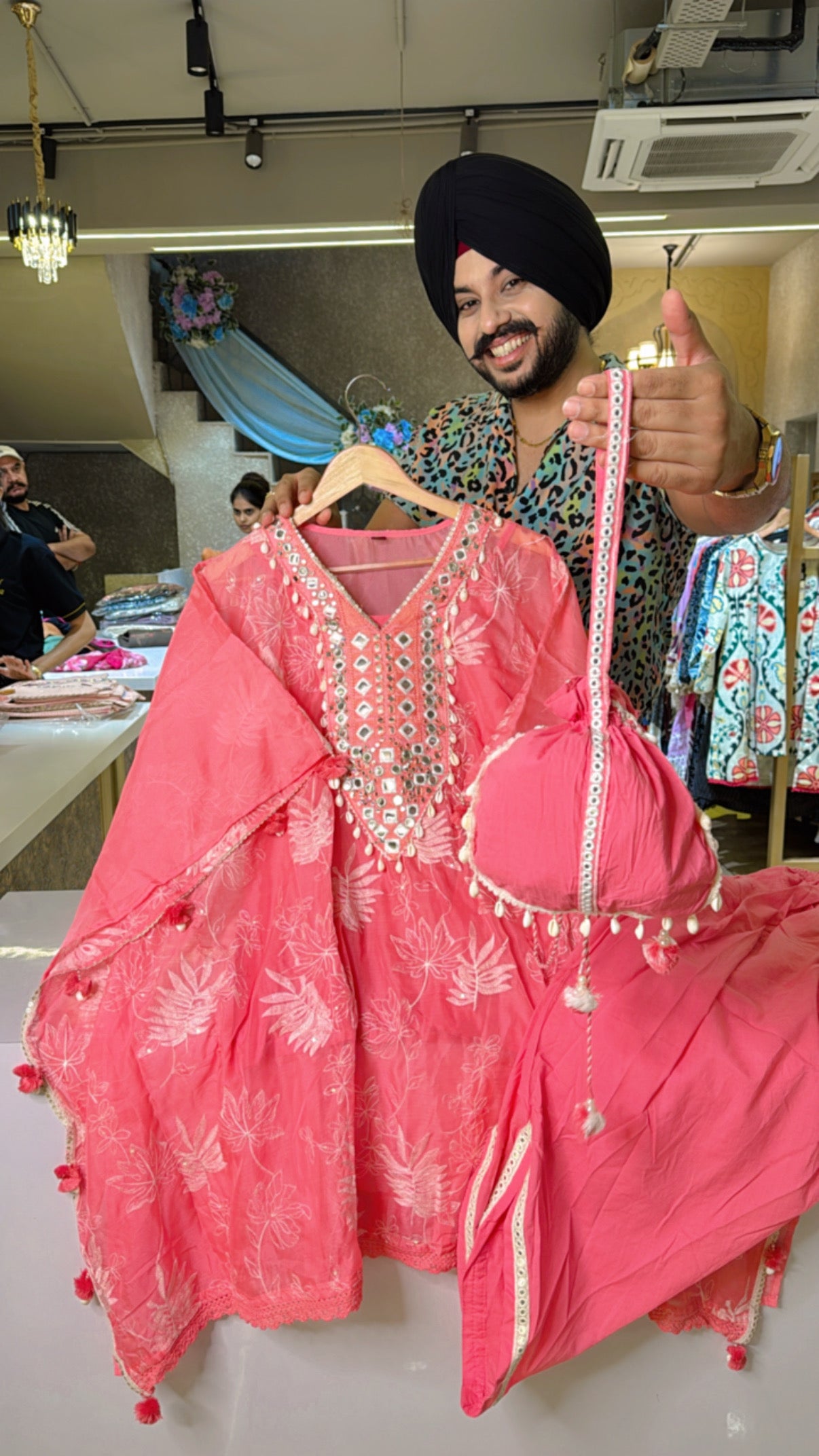 Gajri pink Fully embroidered Soft Organza Kaftan Coord set with Cute Potli