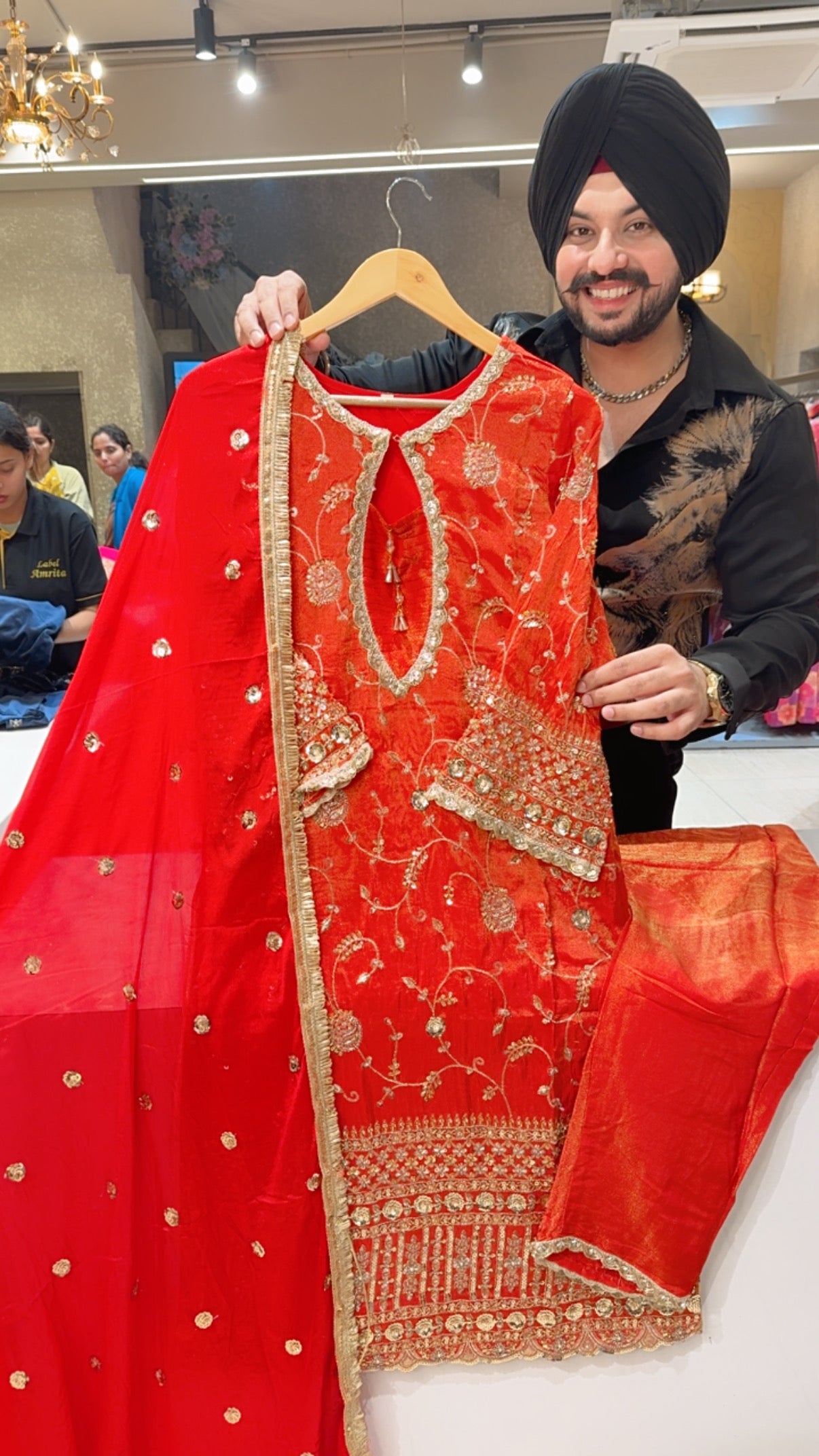 Reddish Orange Shimmer Silk Designer Neck Heavy Embroidered Straight Suit with Beautiful Chion Duppata