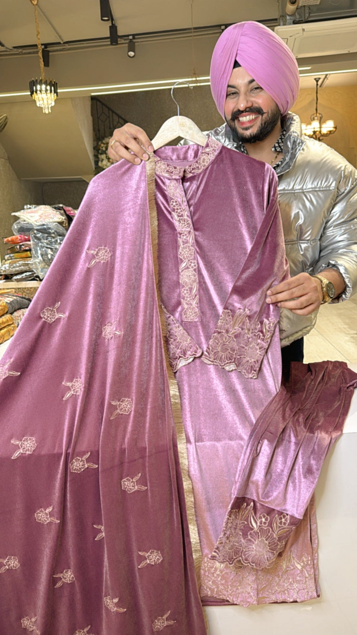 Onion Pink Premium Strechable Velvet Embroidered Straight Suit with Beautiful Duppata