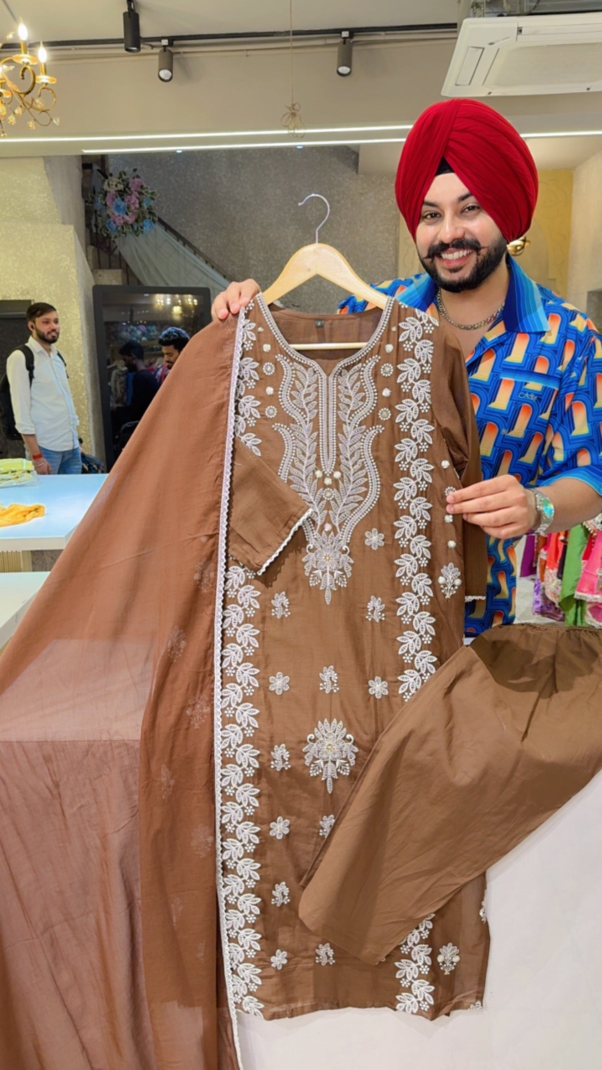 English Brown Soft Cotton Embroidered Semiformal Straight Suit