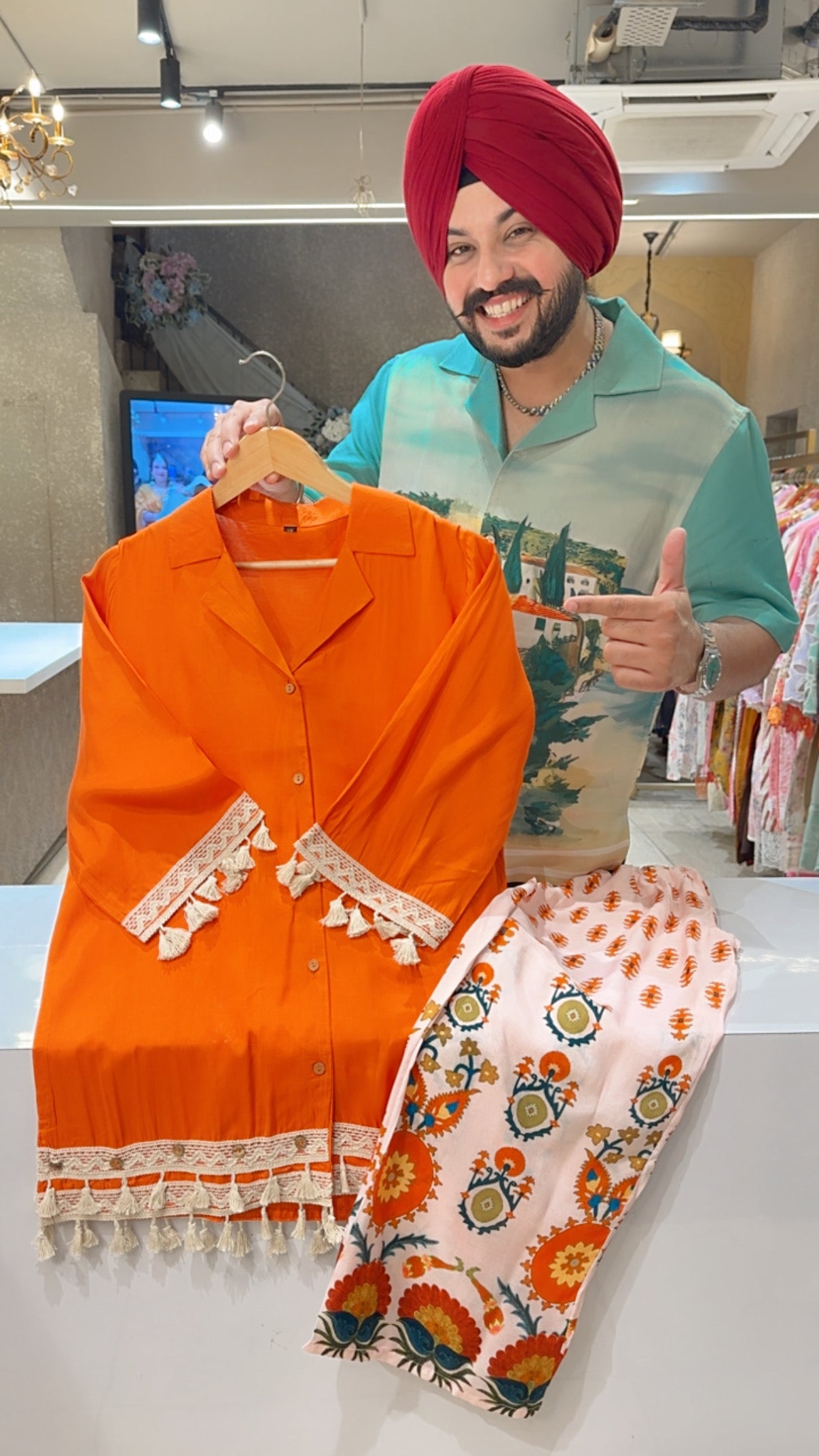 Orange Soft Silk Crochet Work Baggy Airport look Coord set