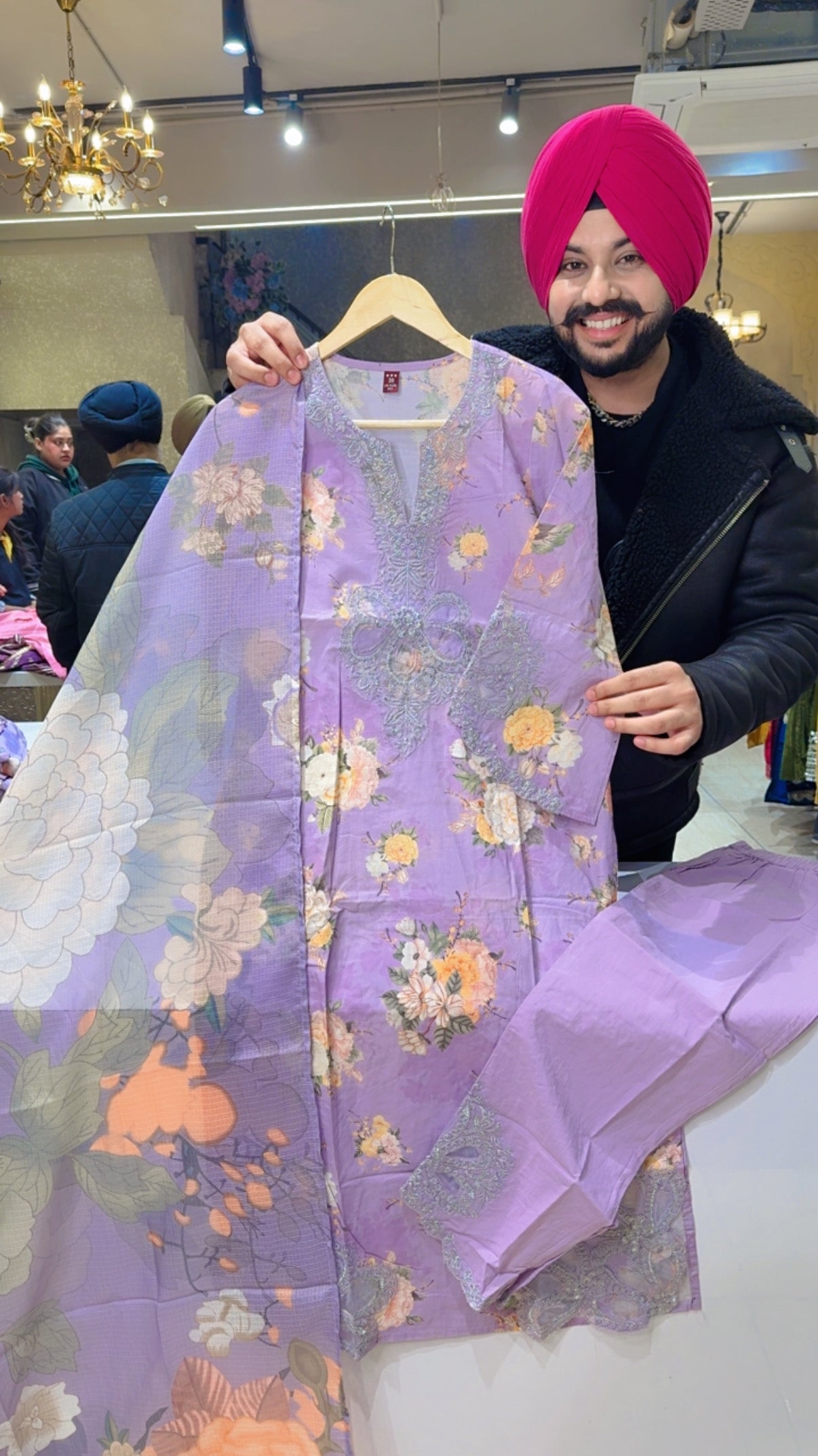 Lilac Cotton Floral Print Embroidered Semi formal Kashmiri Suit With Kota Doria Duppata