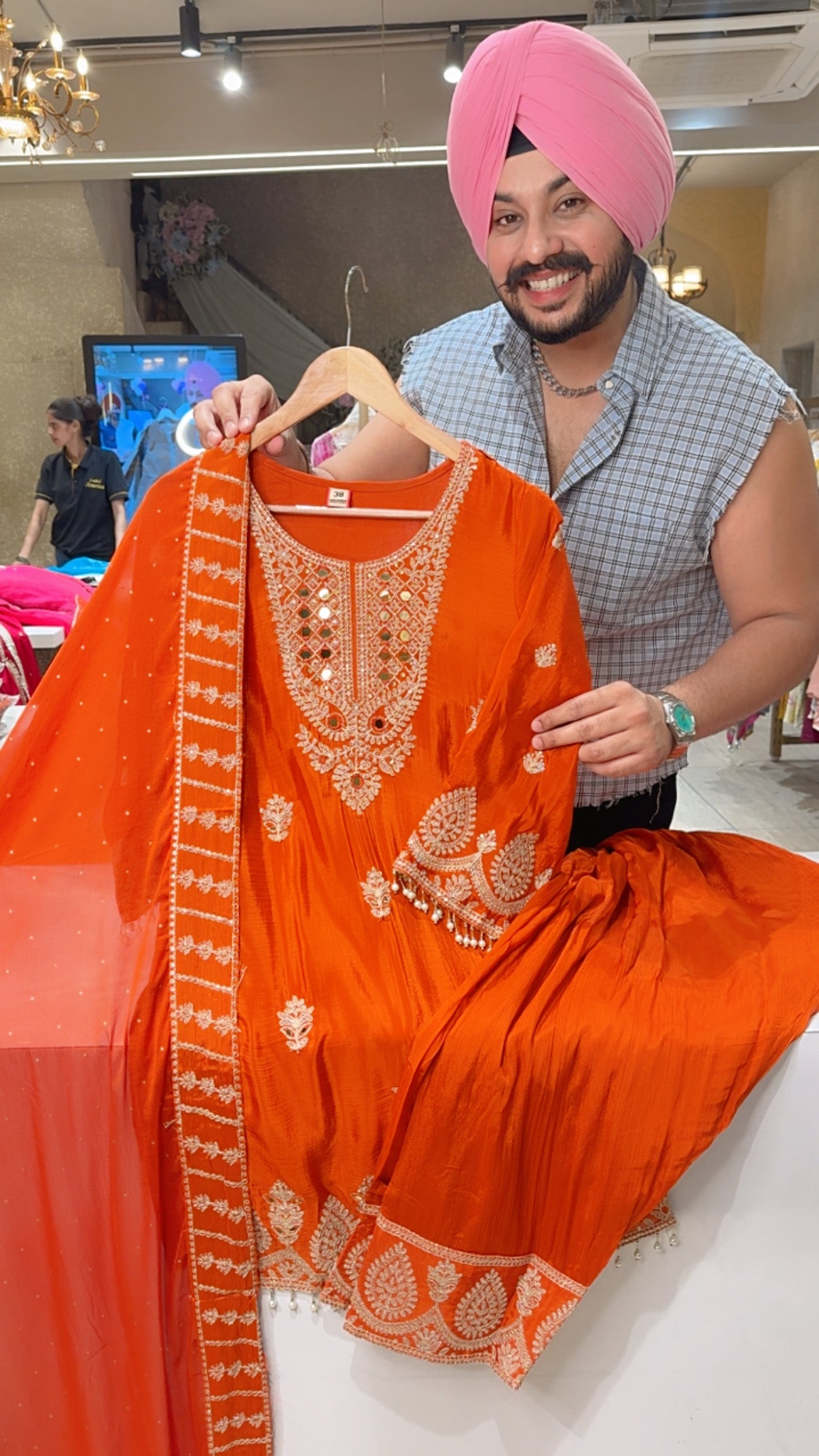 Rusty Orange Chinon Heavy Mirror & Embroidery Work Party Wear Farsi Salwar Suit