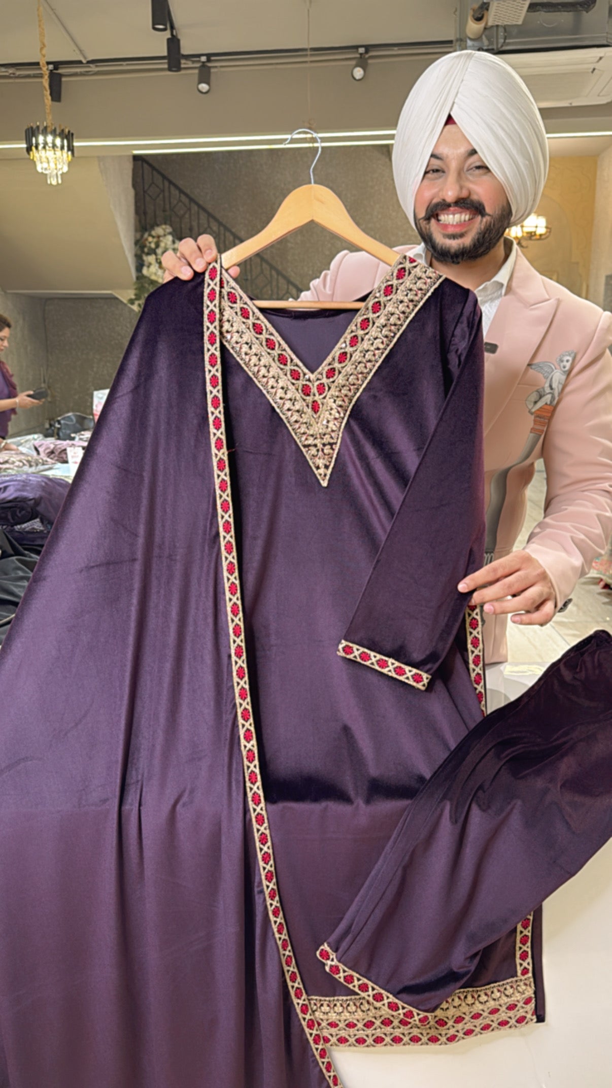 Wine v-neck Pakistani heavy Strechable Velvet suit