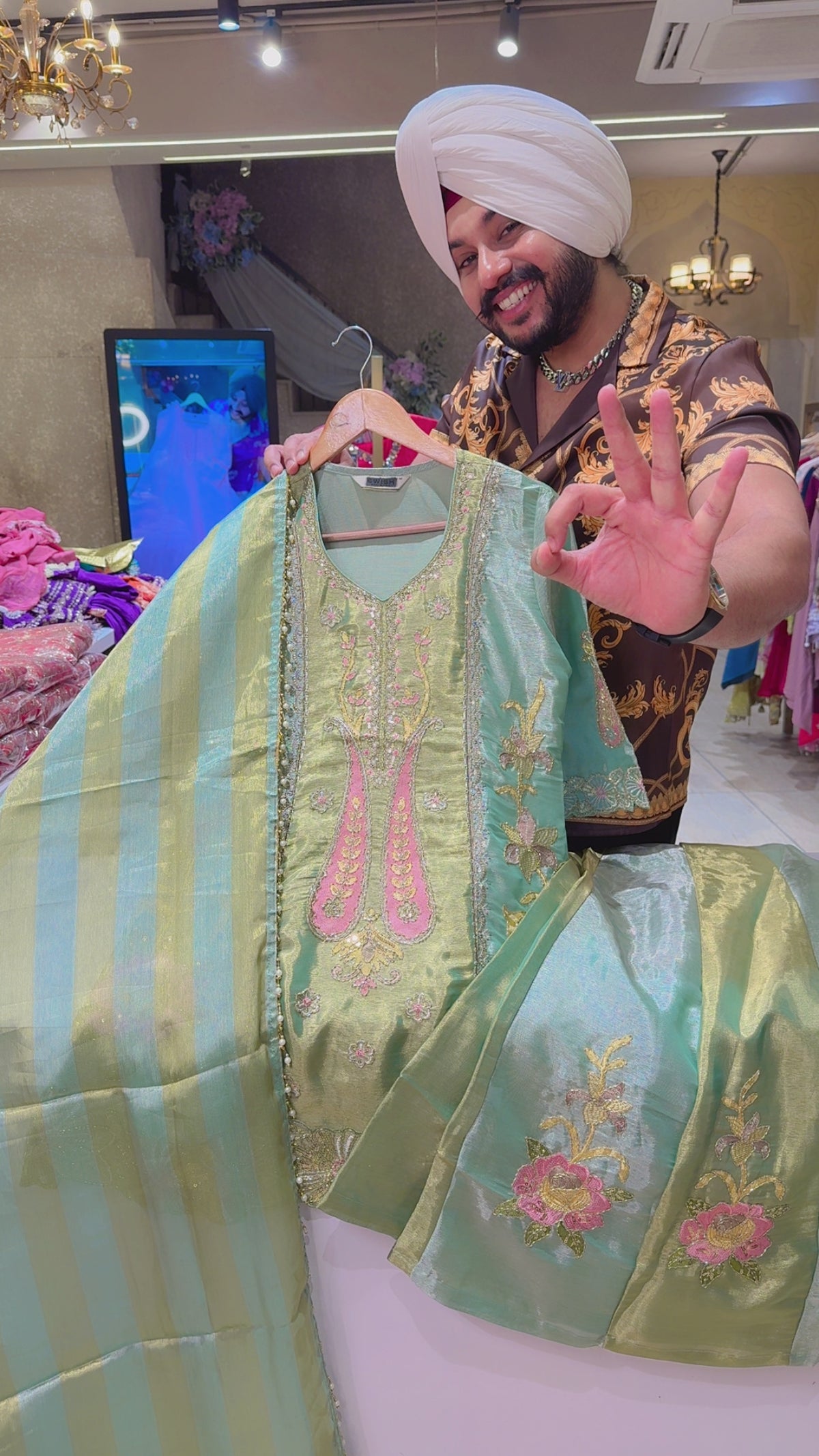 Light Sea Green Shimmer silk Fully embroidered Paplum Sharara suit