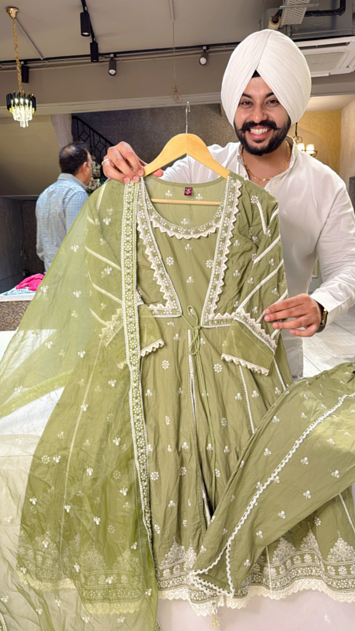Light Green Pure Cotton Indowestern Front Slit Short Anarkali Suit with Stylish Tulip Pants & sleek Duppata