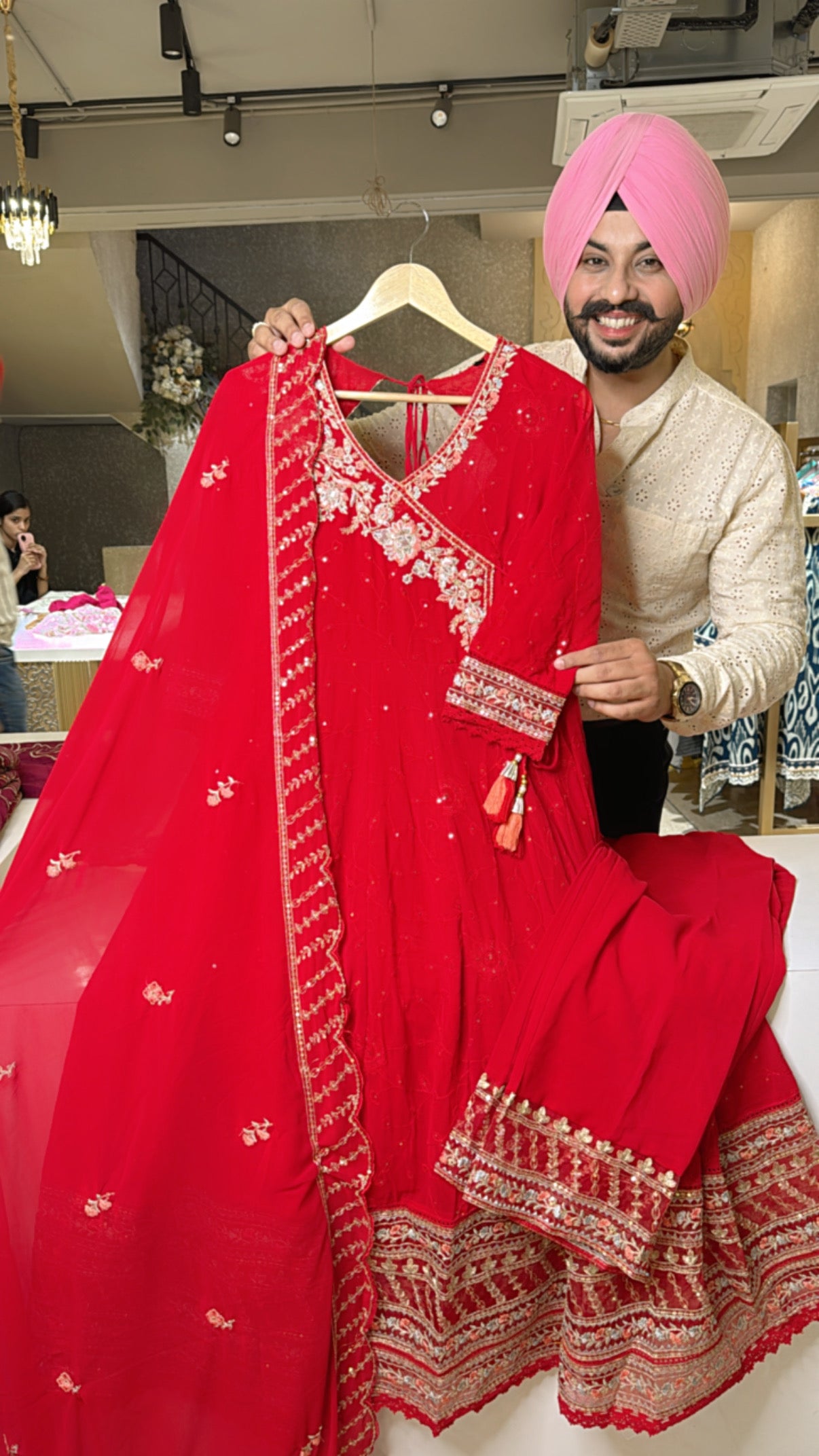 Vibrant Red Georgette Fully Embroidered Angrakha Deep Back Neck Anarkali suit