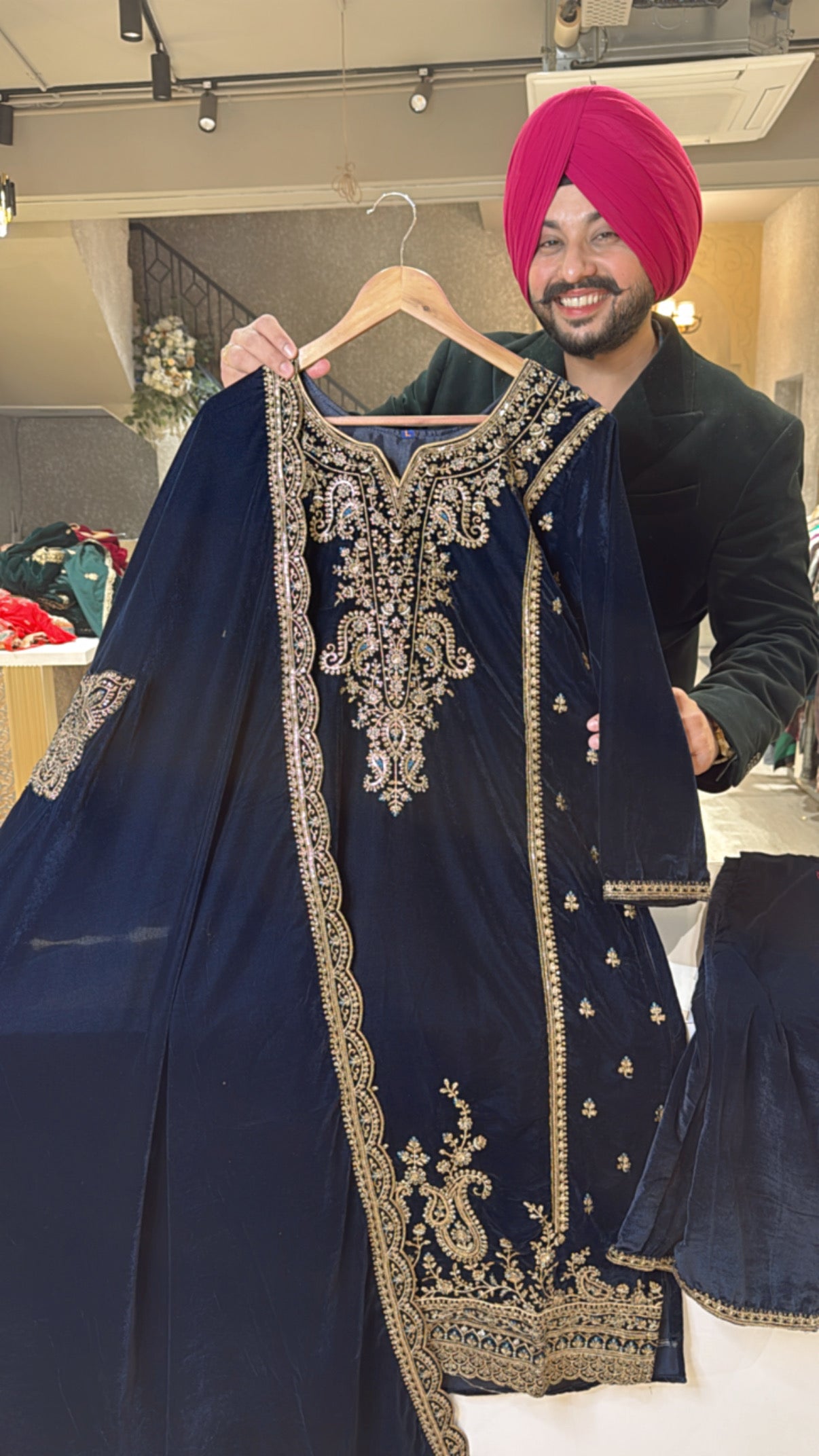 Navy Blue Heavy embroidered straight velvet suit with beautiful Duppata
