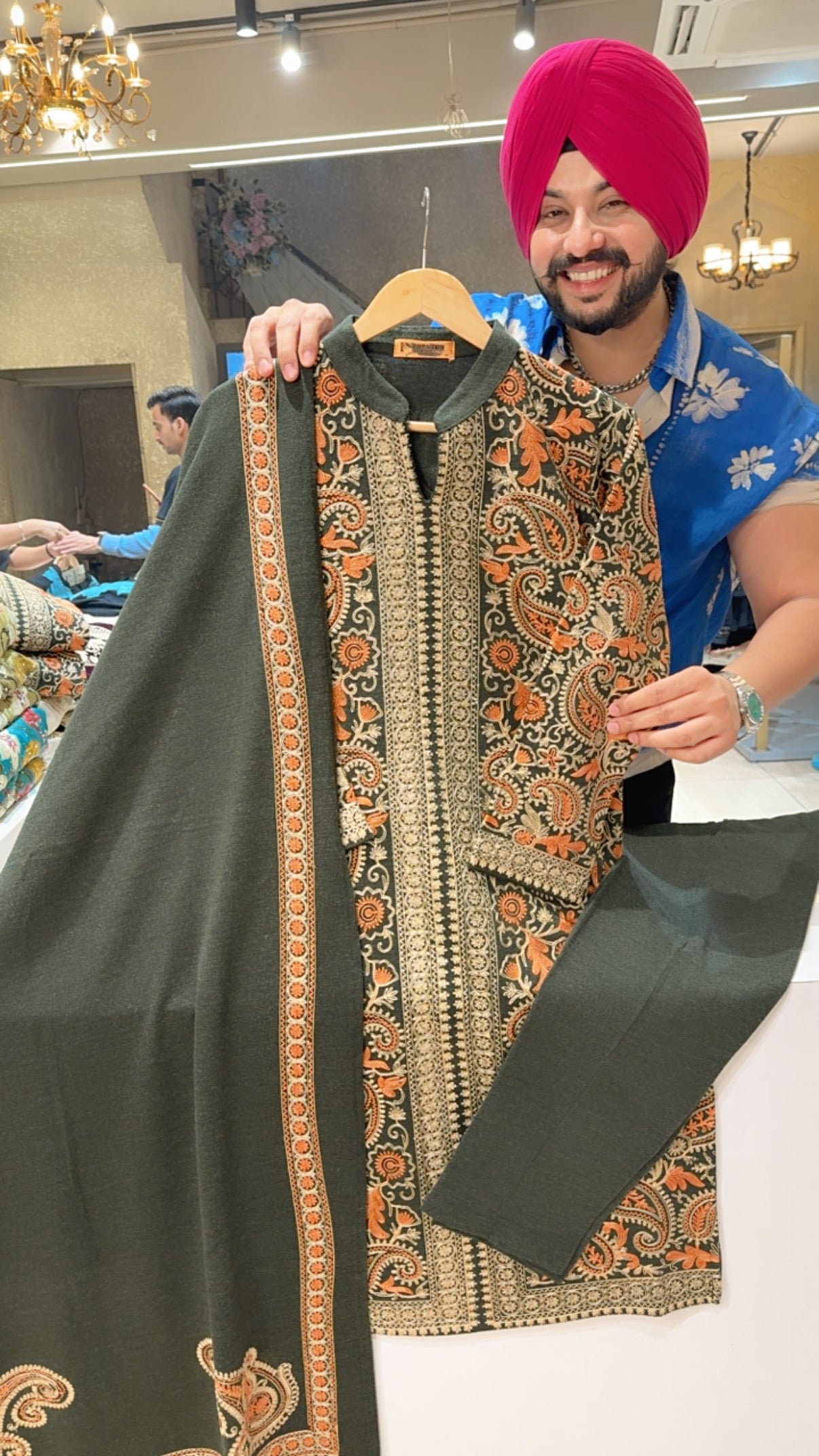 Dark olive Soft Woolen Heavy Kashmiri Embroidered Straight Suit with Beautiful Woolen Duppata