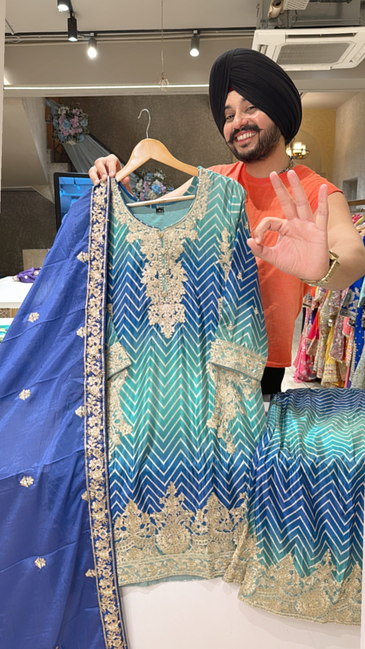 Blue & Sea Green Chinon Heavy embroidered Full Flair Plazo suit with Beautiful Embroidered Chinon Duppata
