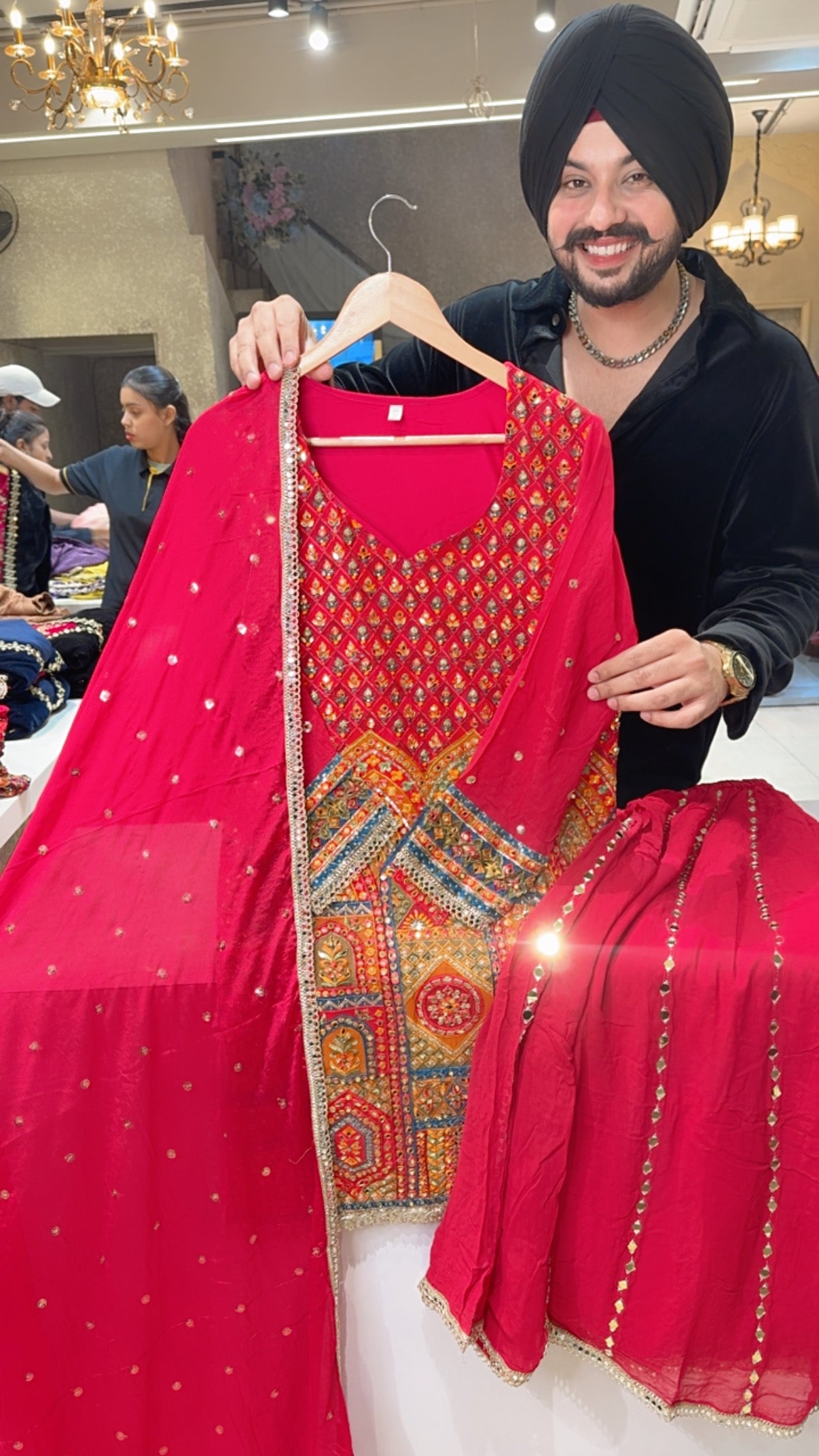 Rani Pink Embroidered & Mirror Work Full Flair Sharara suit with Beautiful Sequins Work Duppata