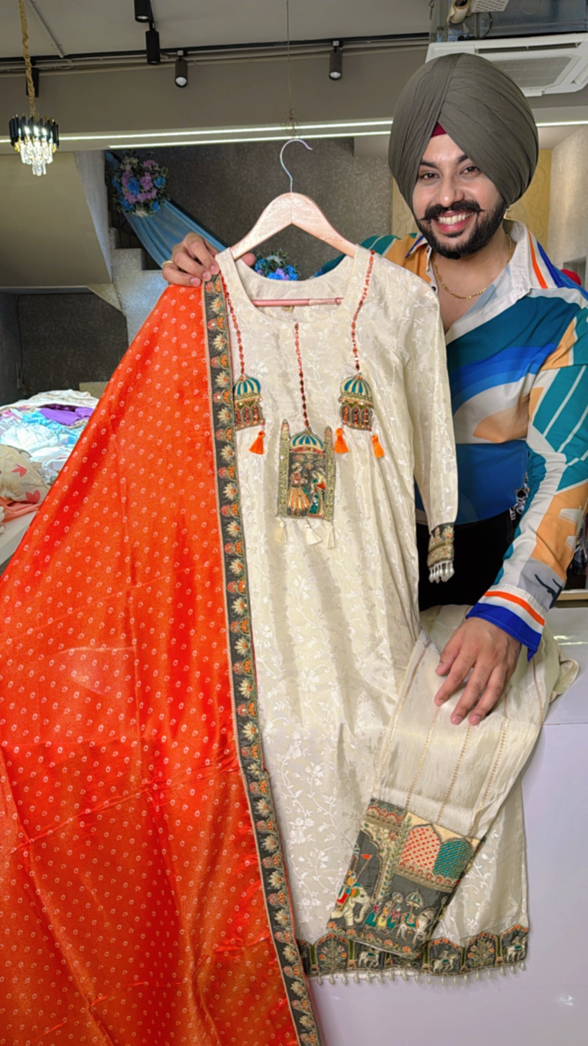 Ivory Gold jacquard silk Straight Suit With Heavy embroidered Pants & Silk Bhandhej Duppata