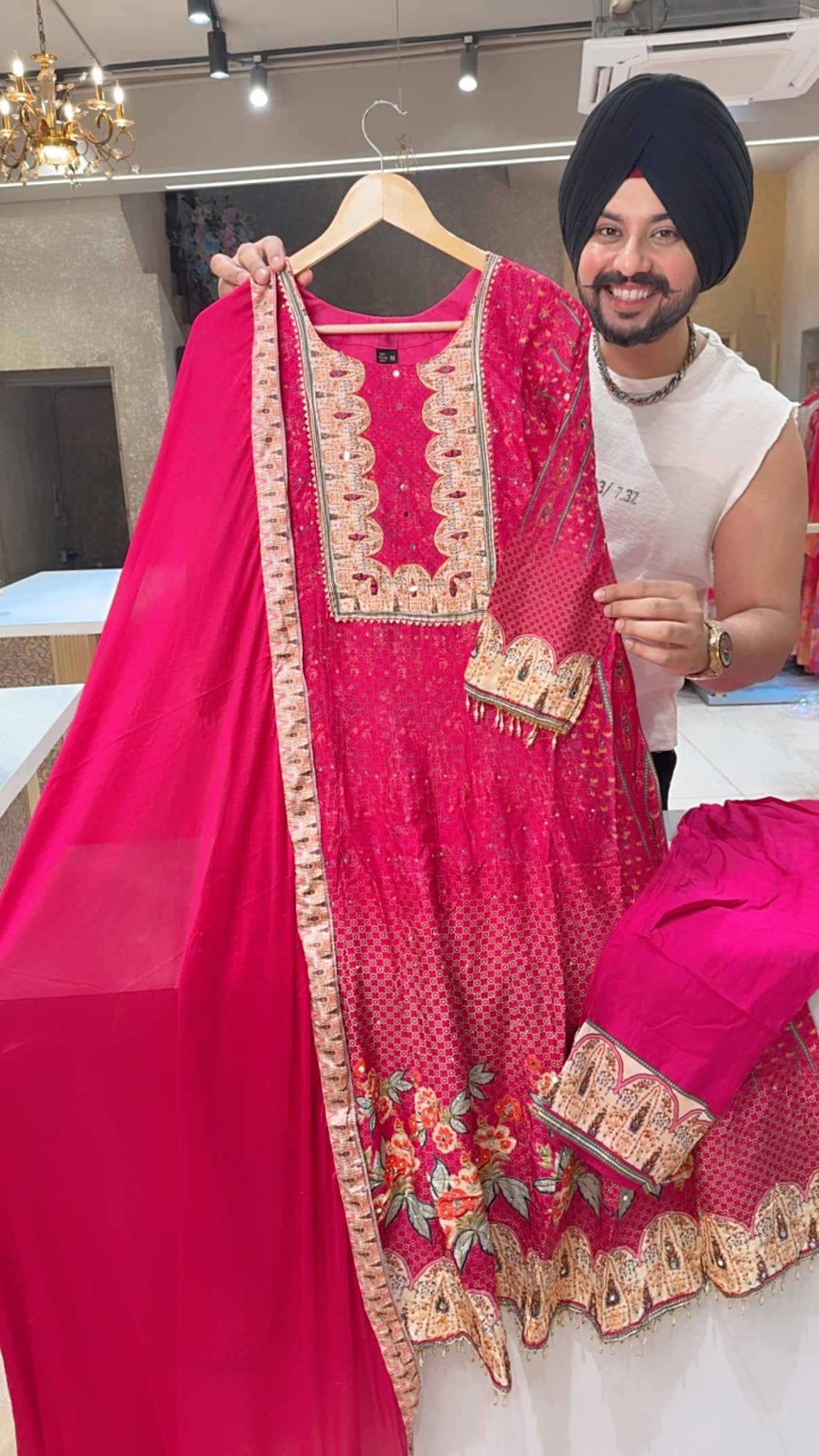 Rani pink Muslin Silk Party Wear Anarkali Suit with Beautiful Chiffon Duppata