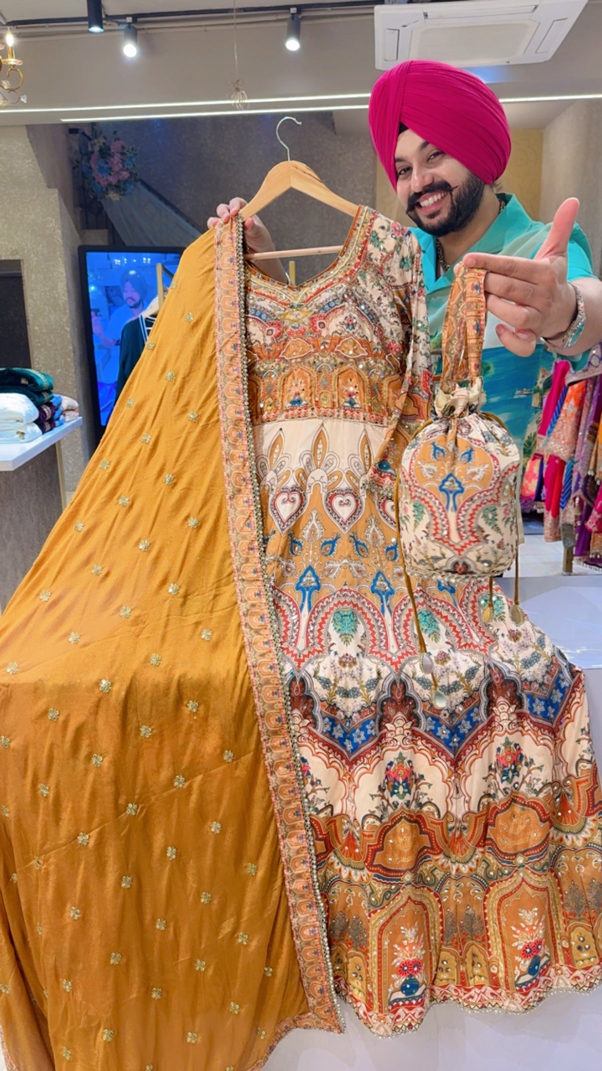 Light Beige & Mustard Crepe Heavy Embroidered & Mirror Pasting Partywear Anarkali Gown With Chinon Sequins Work Duppata & Cute potli