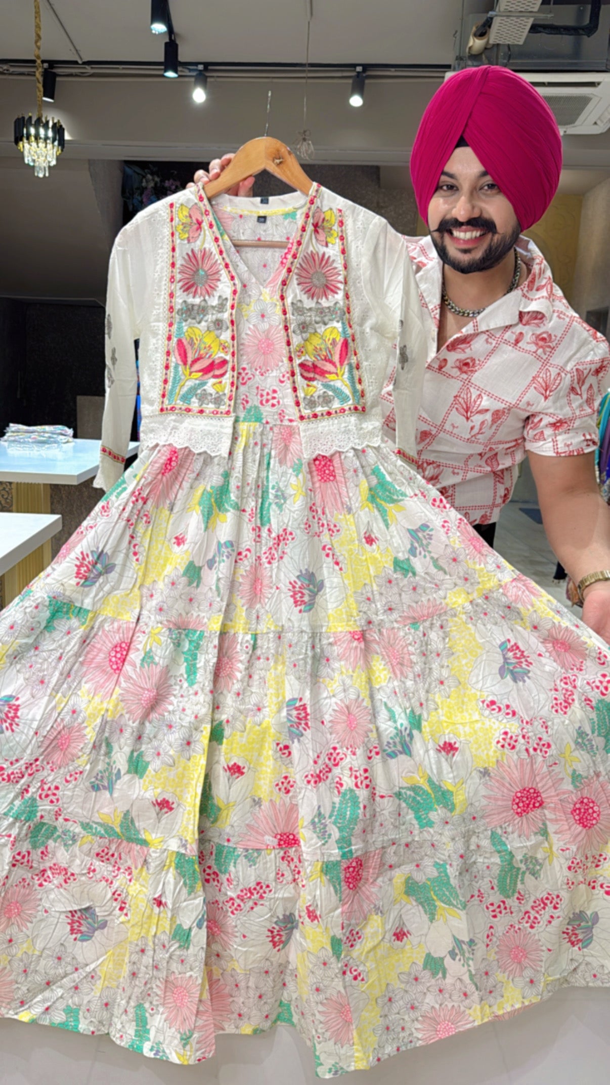 Moon White & Multicolored Pure Cotton Indo Western Dress with embroidered Short Jacket