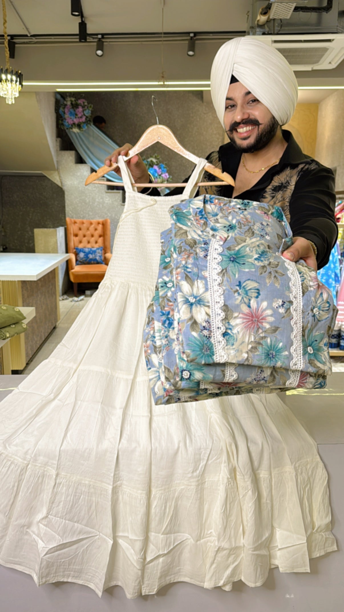 Off White Cotton Indowestern dress featuring Light Blue Floral Print and a Stylish Shrug