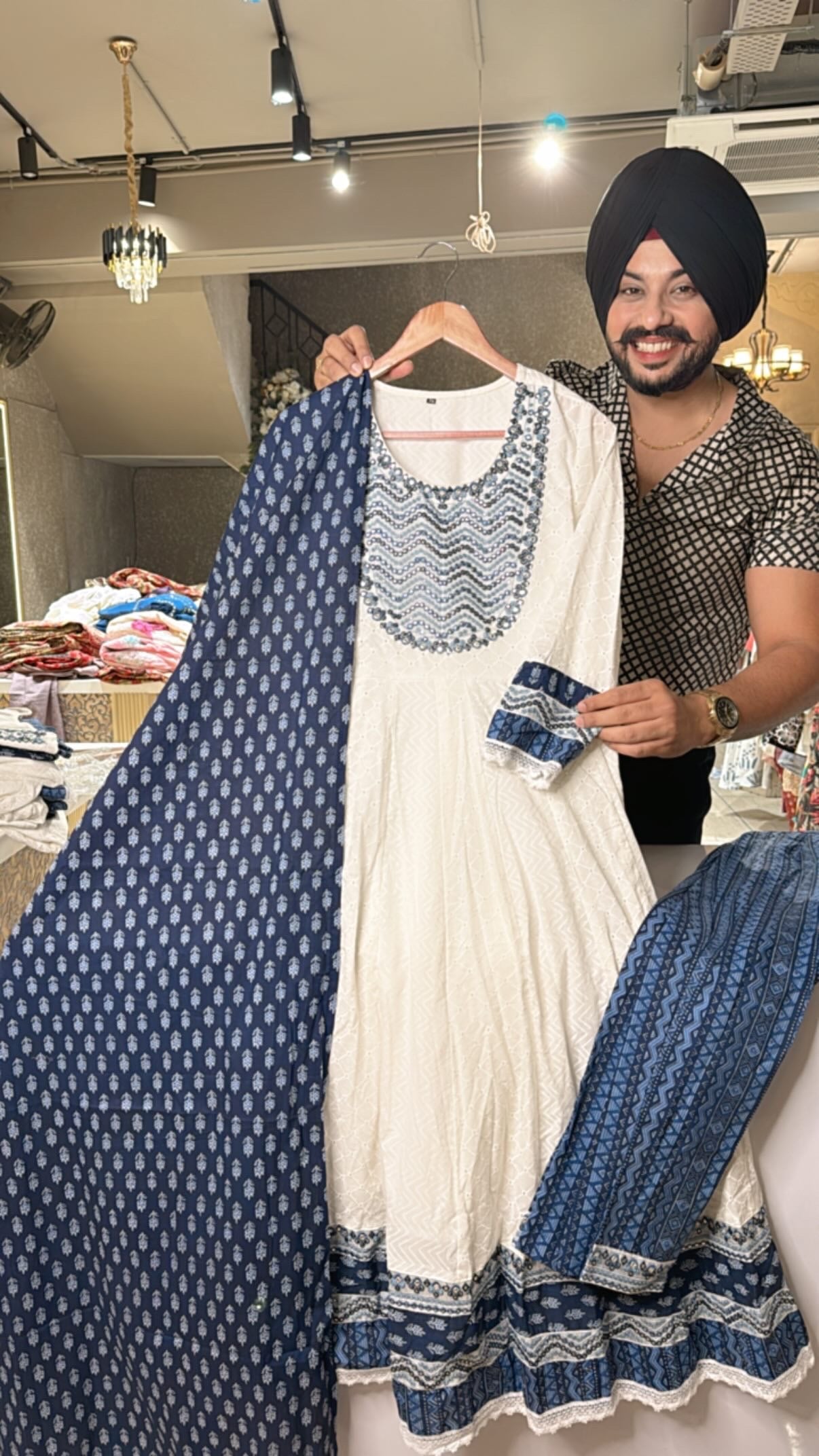 Moon White & Blue Pure Cotton Embroidered & Shifli work Filll Flair Anarkali Suit with Beautiful printed Duppata