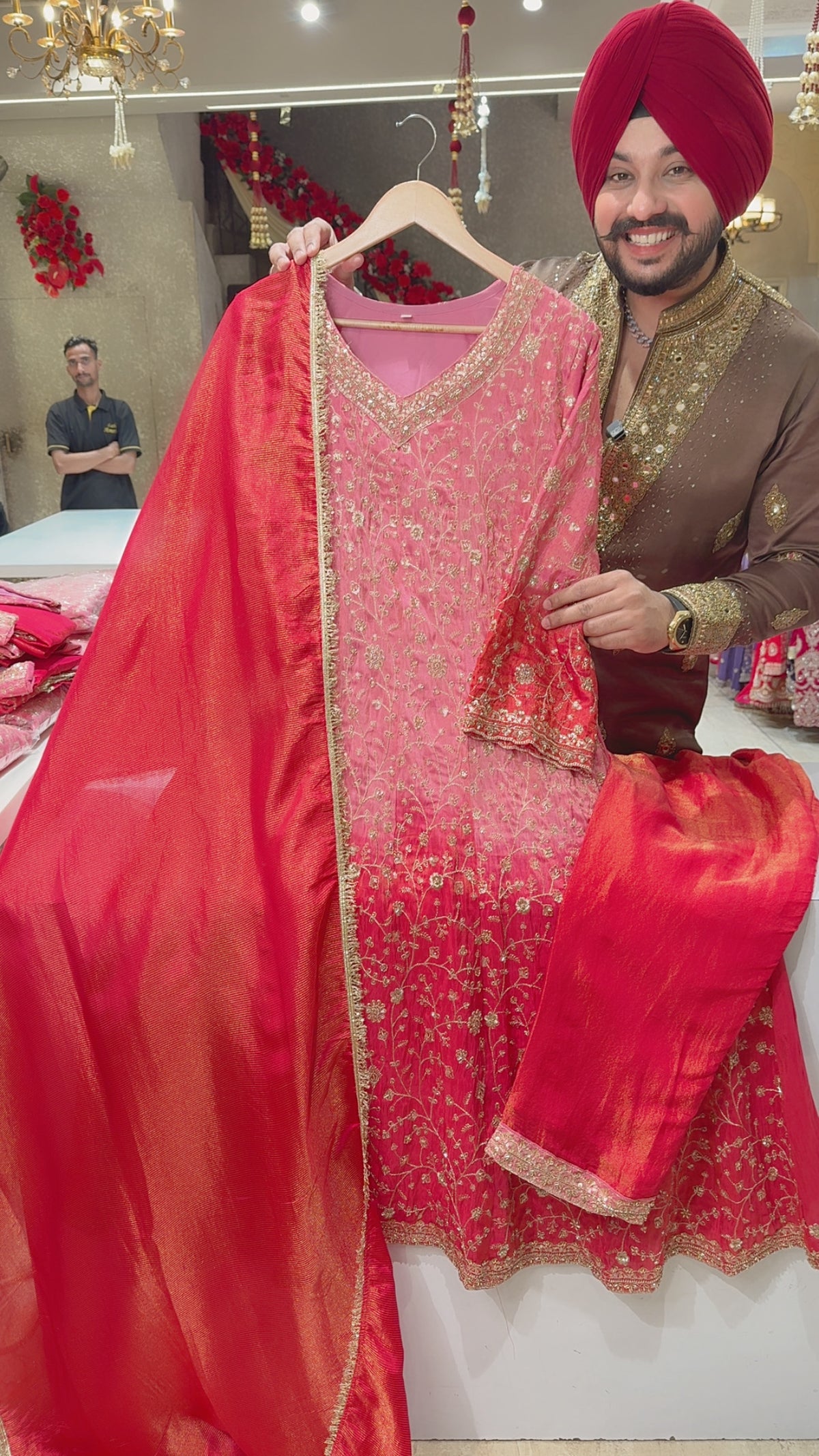 Pink & Gajri Shimmer Silk Front & Back Fully Hand embroidered Party Wear Anarkali Suit