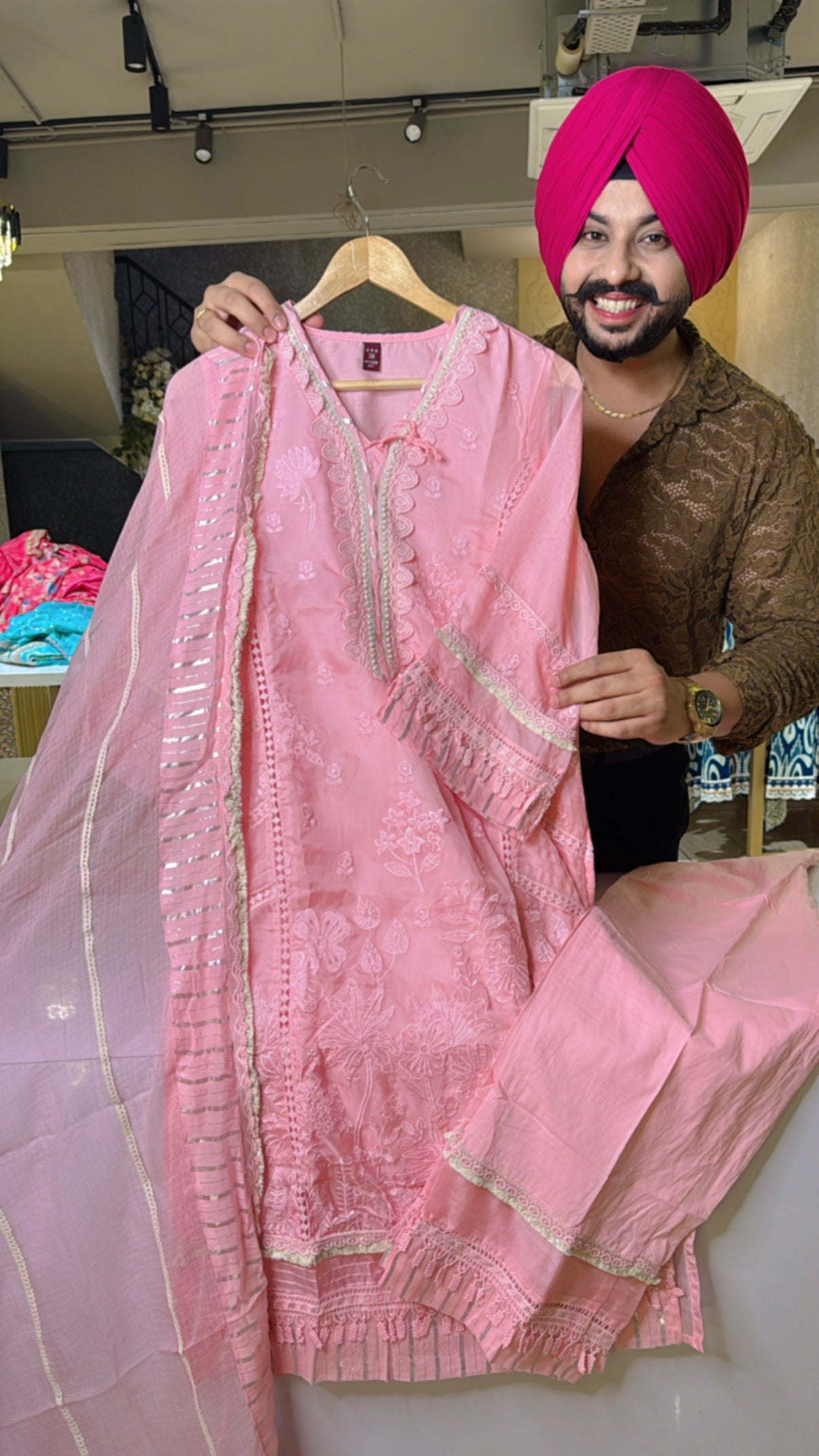 Light pink Soft Organza Heavy self Embroidered Pakistani Suit with Kota doria Duppata