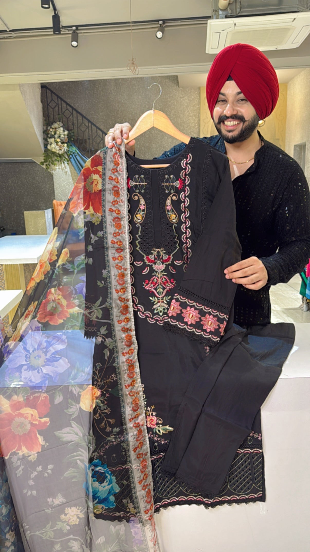 Black Roman Silk Embroidered & Cutwork Pakistani Straight Suit with Floral Organza Duppata