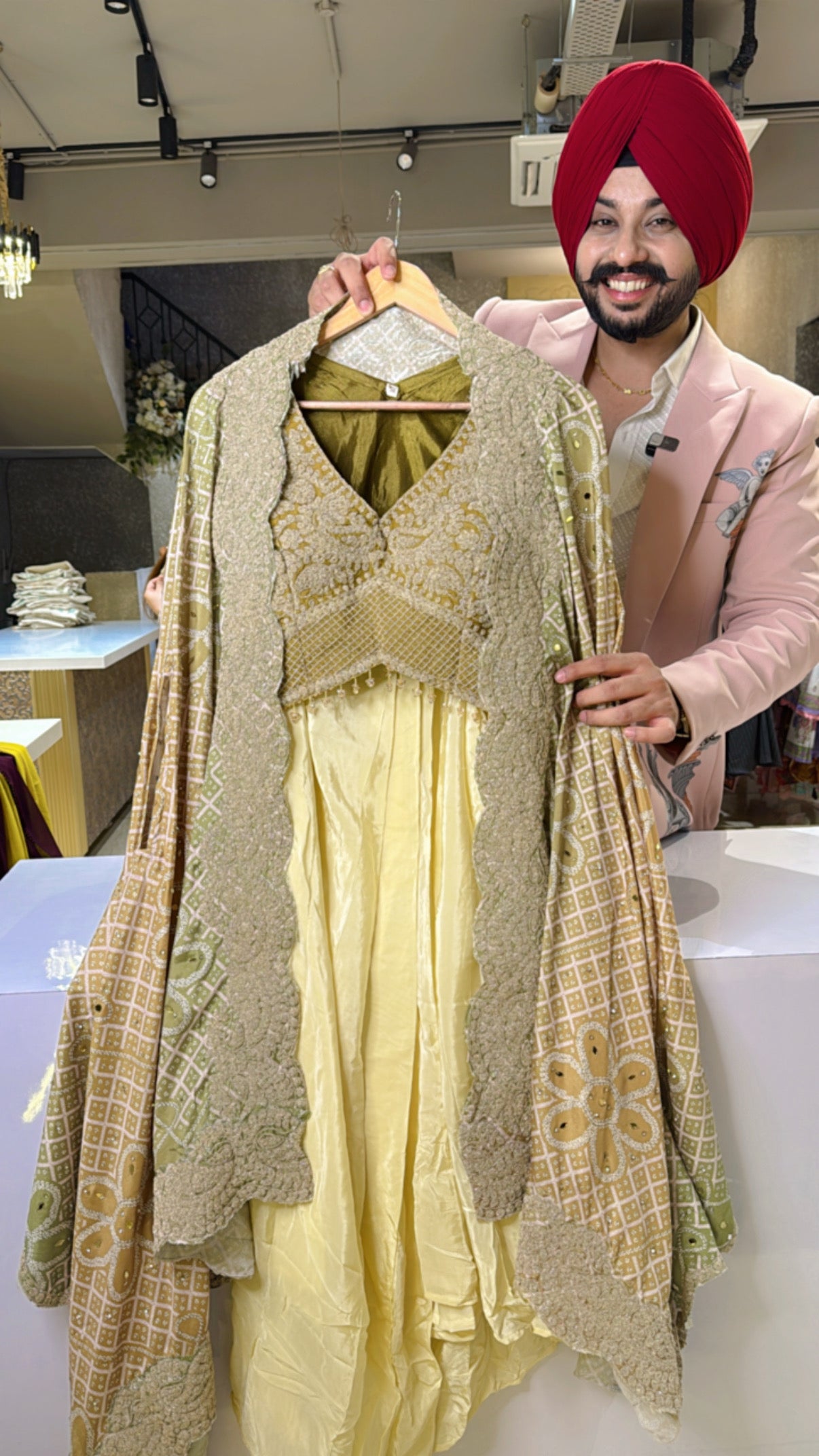 Goldenish Green Crepe Heavy Embroidered Indo western 3 piece with Croptop,drape Skirt & Cape Shrug