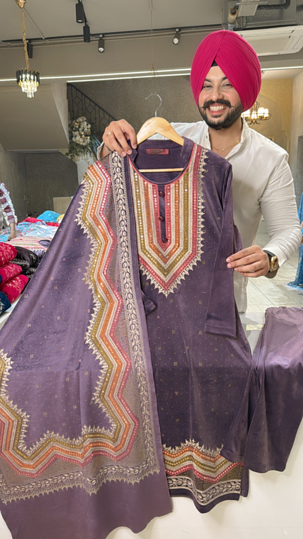 Mauve Velvet Heavy Embroidered Stretchable Suit with Heavy Embroidered Duppata
