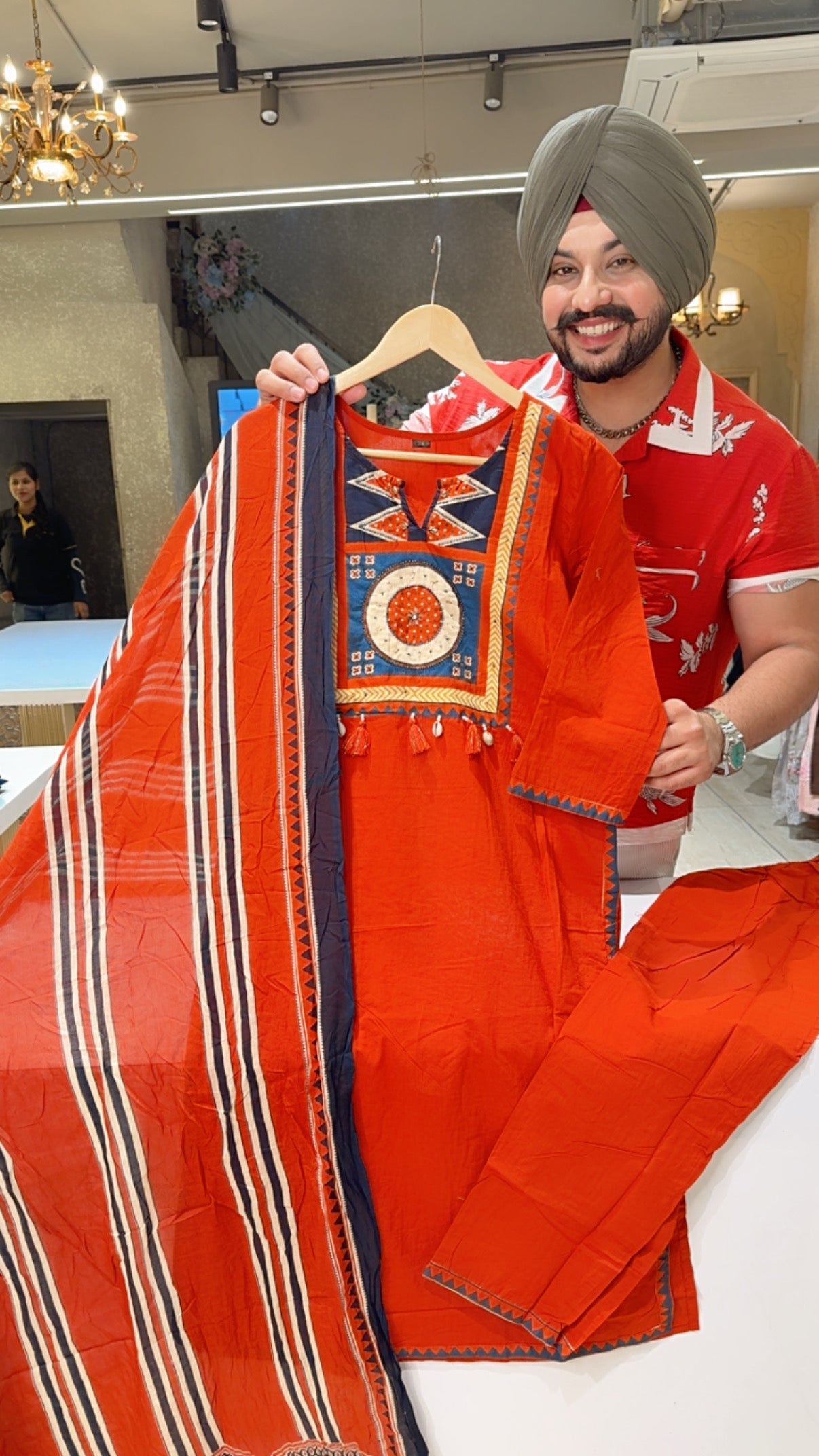 Rusty Orange Pure Cotton Office Wear Suits with Sleek Hand embroidery work on neck