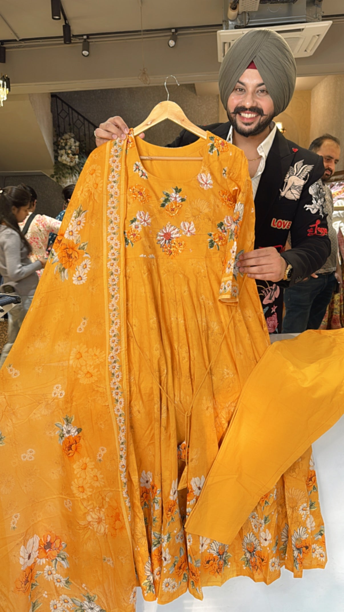 Yellow Mal Cotton Full Flair Floral print Anarkali suit with Hand Embroidery work on neck