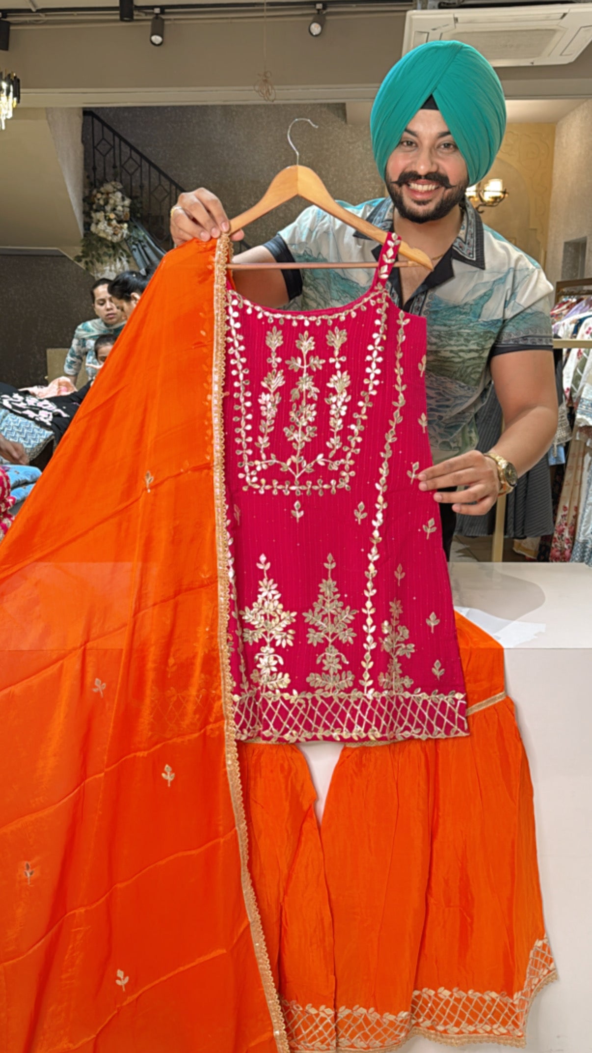 Rani pink & Orange Chinon Heavy Gotta Embroidered Straight Sleeves Gararra suit with Beautiful Dupatta
