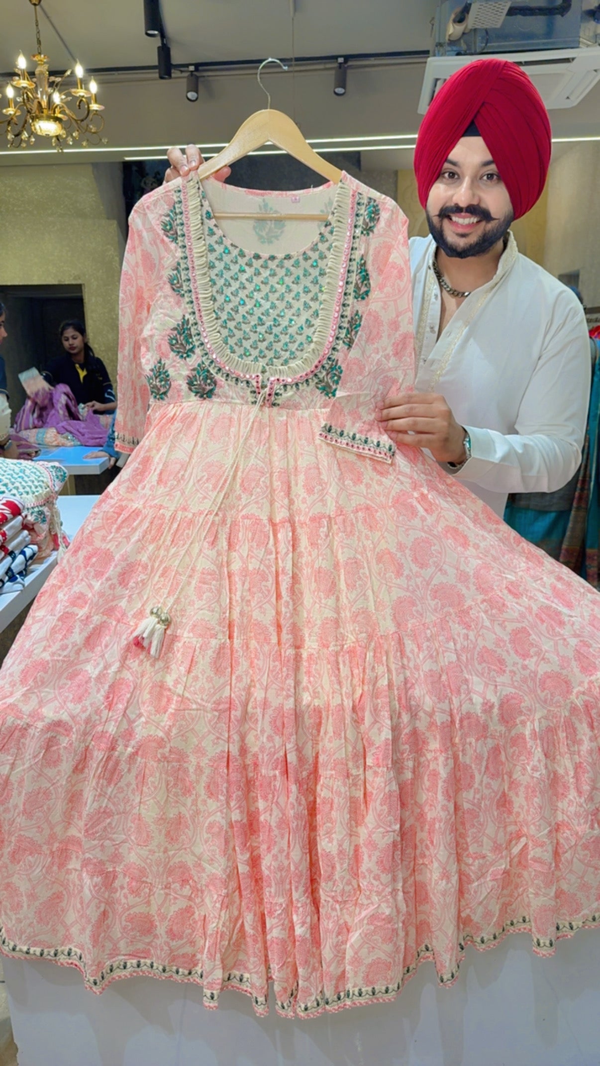 Off White & pink Pure Cotton Designer Neck Full Flair Indowestern Anar